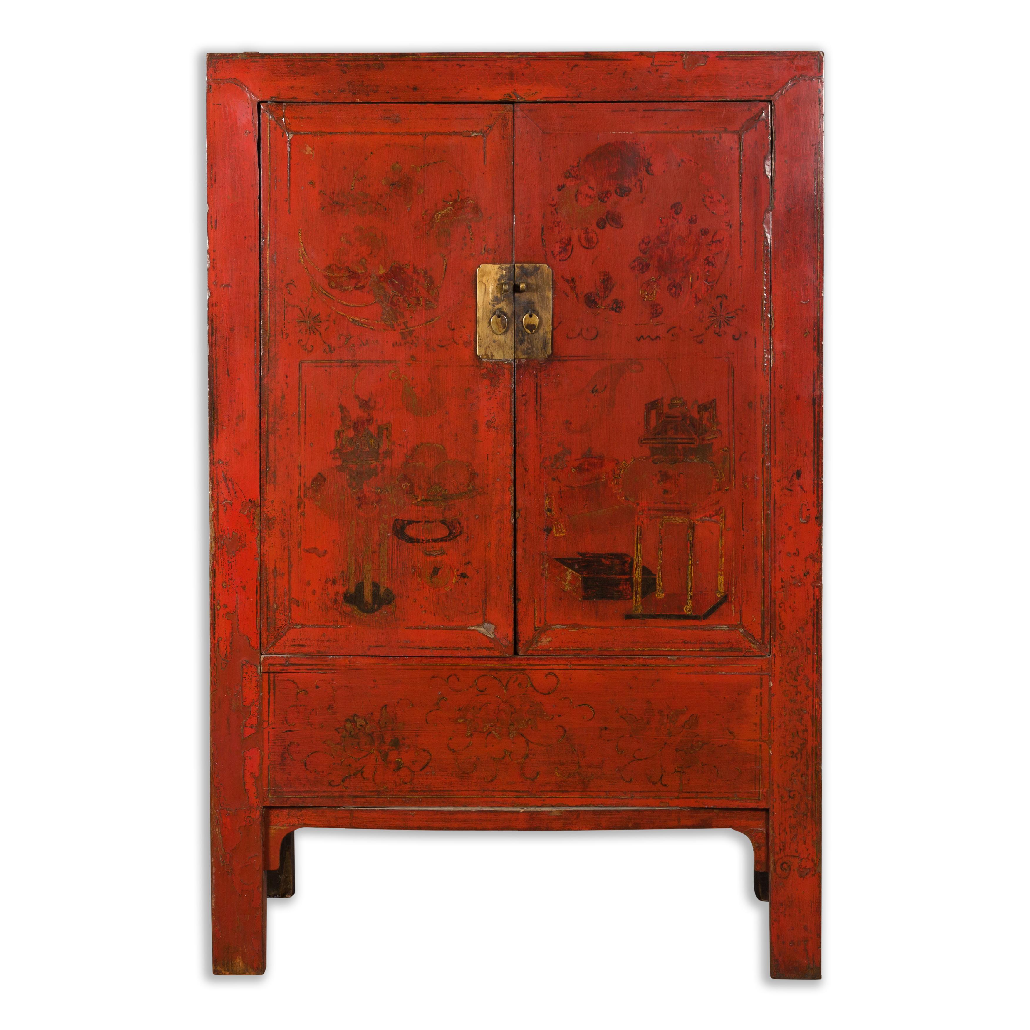 Chinese Qing Dynasty Shanxi Wedding Cabinet with Original Red Lacquer For Sale 5