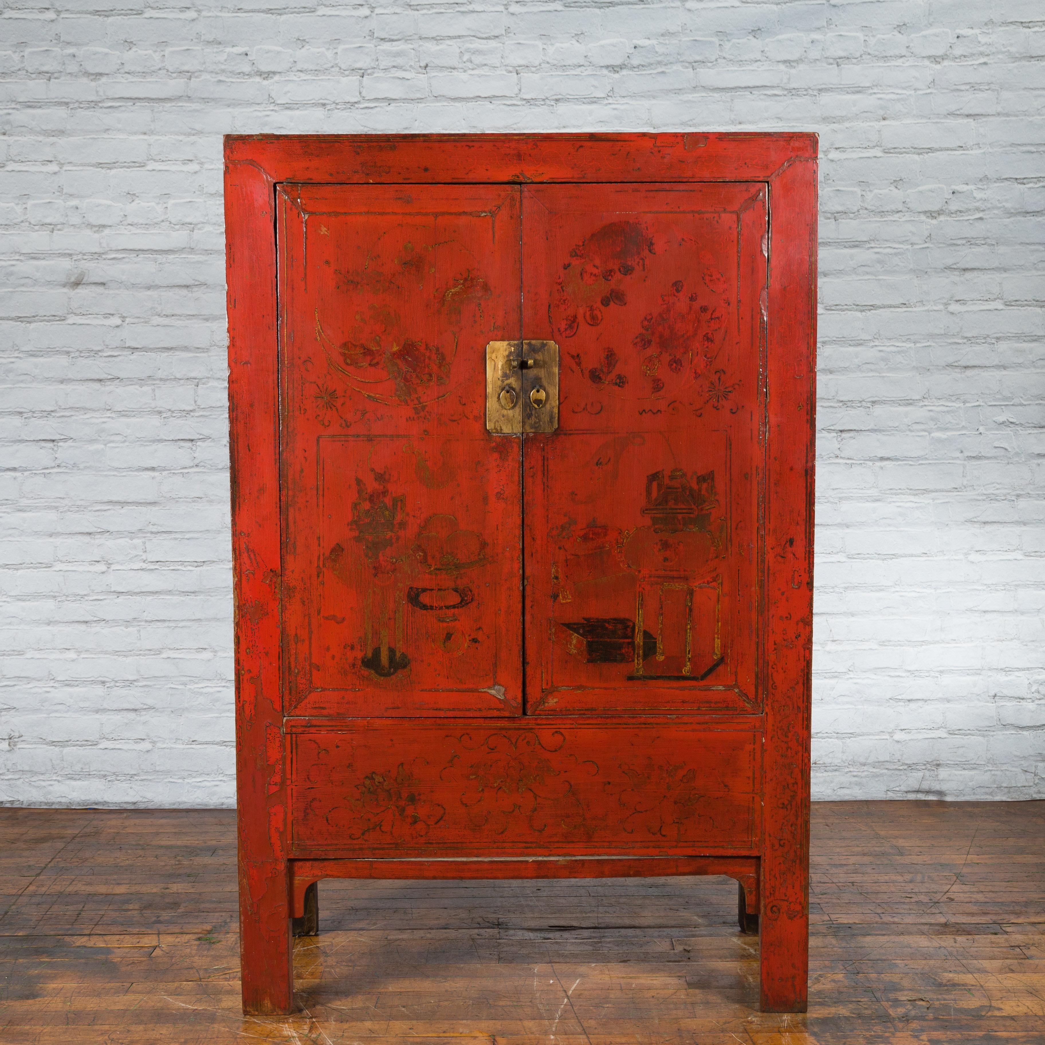 Chinese Qing Dynasty Shanxi Wedding Cabinet with Original Red Lacquer For Sale 6