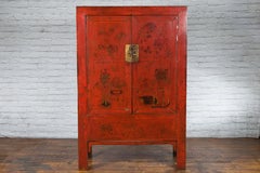 Chinese Red Lacquer Shanxi Wedding Cabinet with Painted Motifs and Brass Lock
