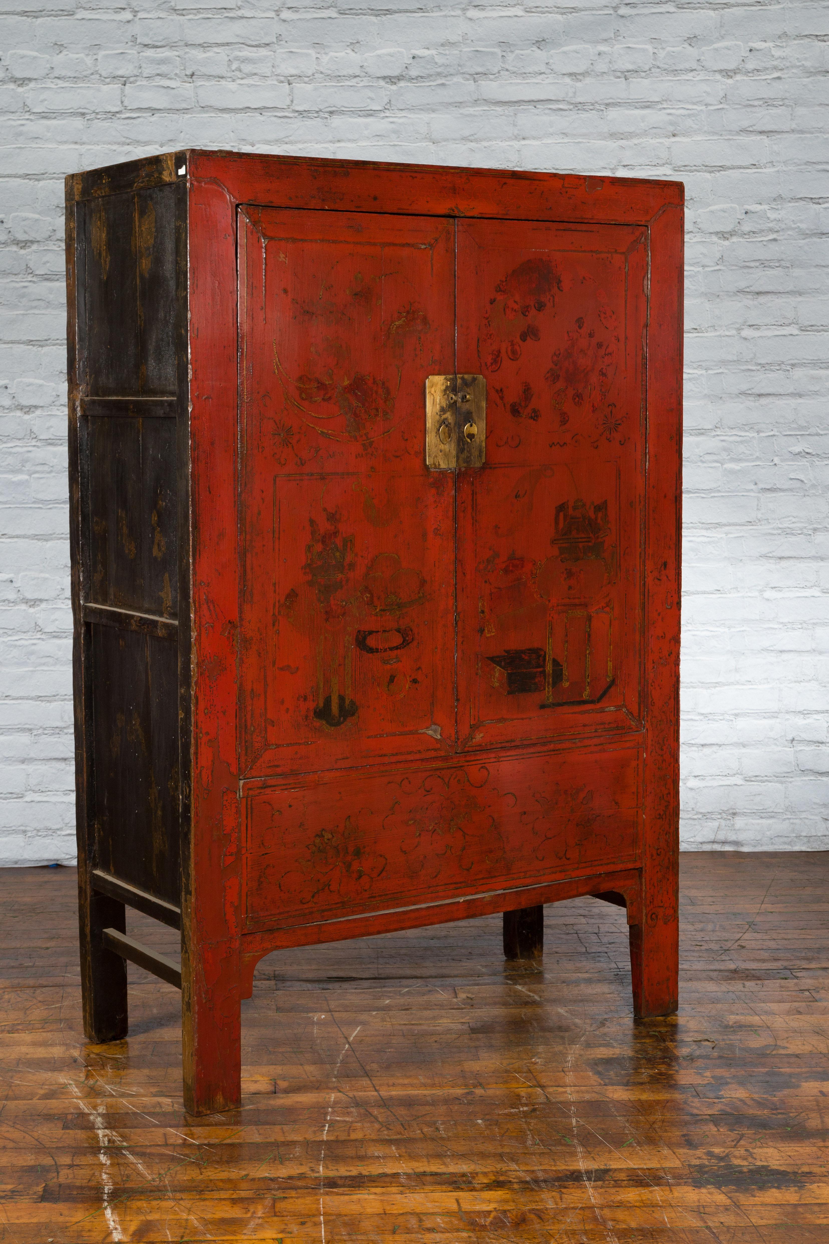 Lacquered Chinese Qing Dynasty Shanxi Wedding Cabinet with Original Red Lacquer For Sale