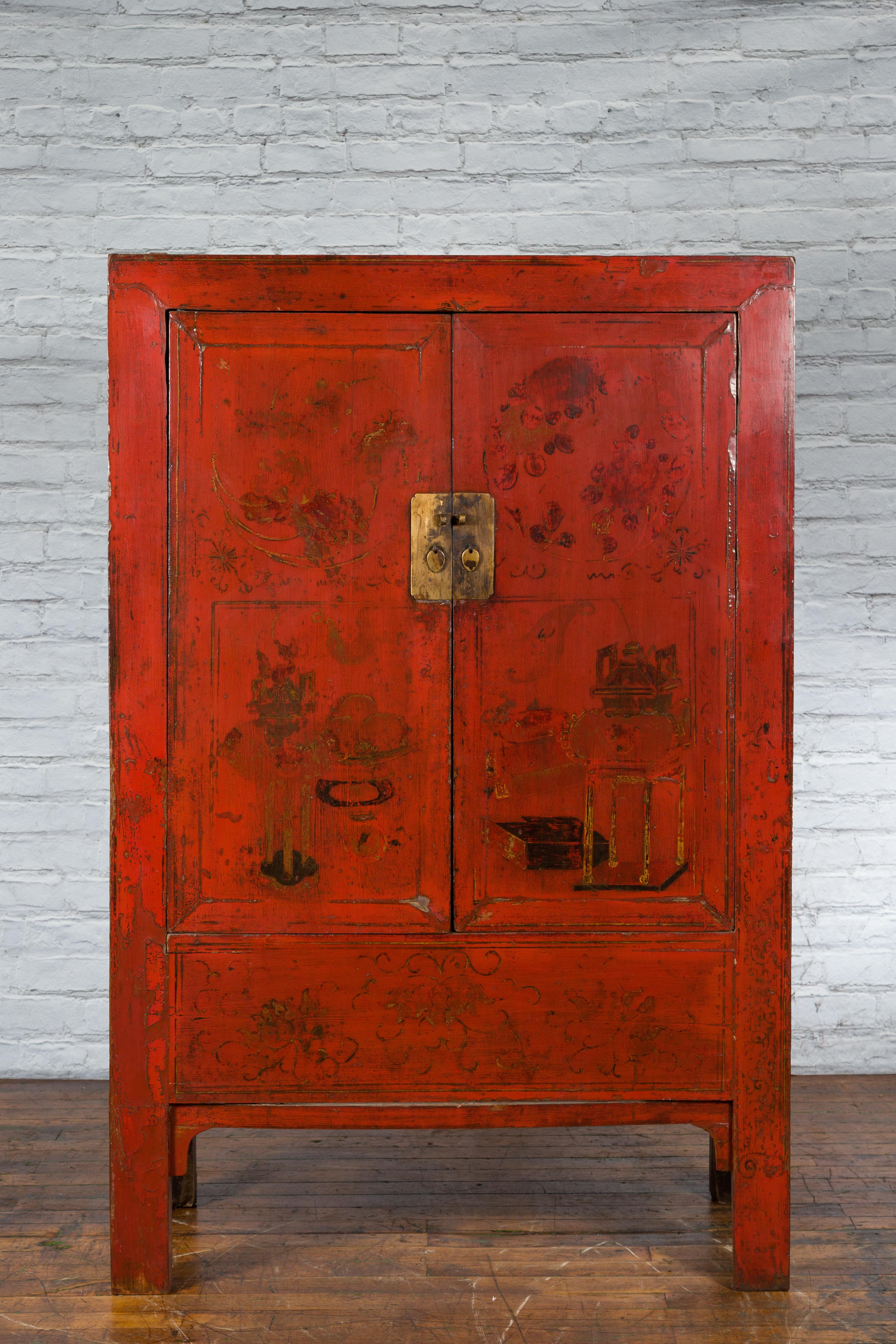 Chinese Qing Dynasty Shanxi Wedding Cabinet with Original Red Lacquer In Good Condition For Sale In Yonkers, NY