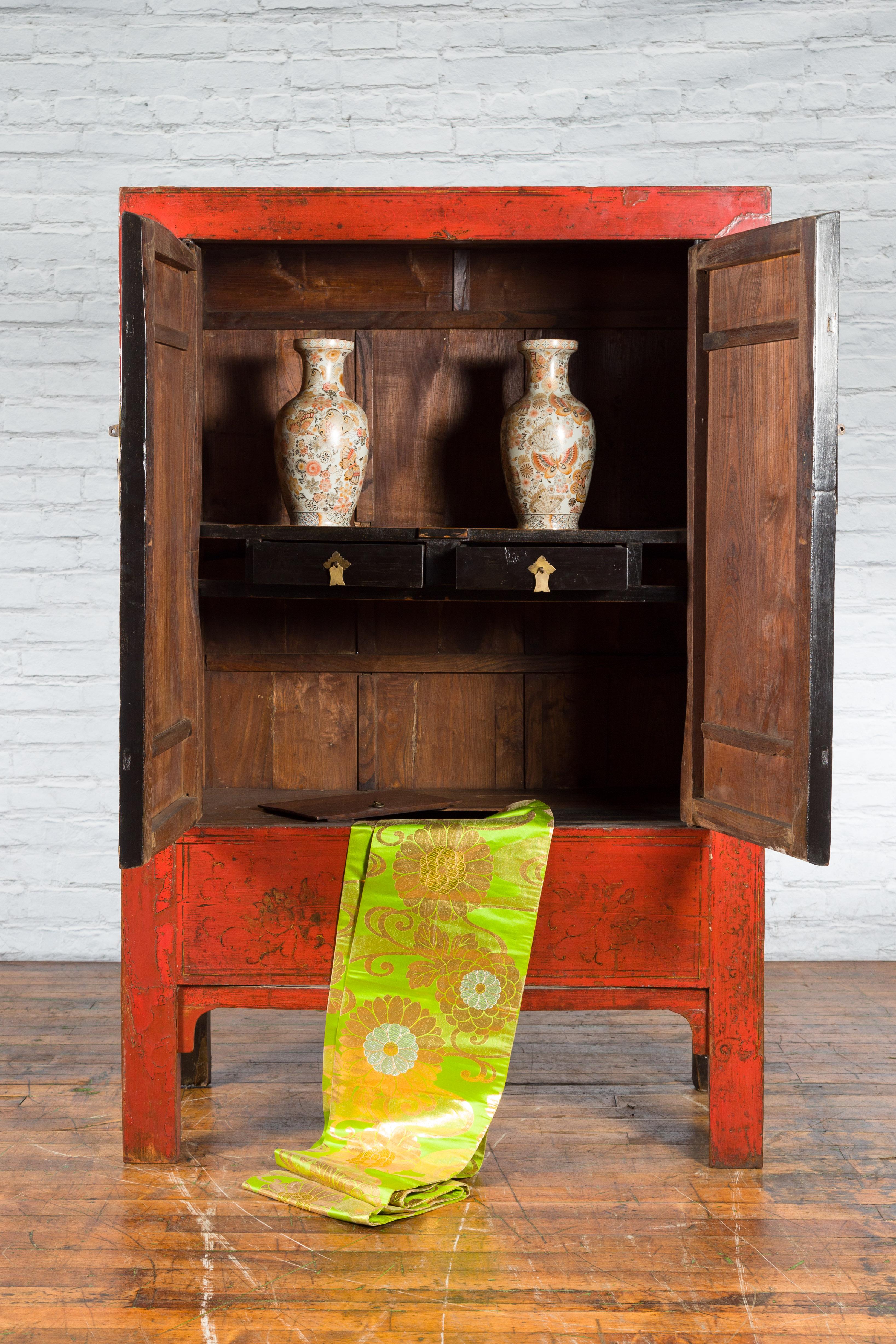 19th Century Chinese Qing Dynasty Shanxi Wedding Cabinet with Original Red Lacquer For Sale