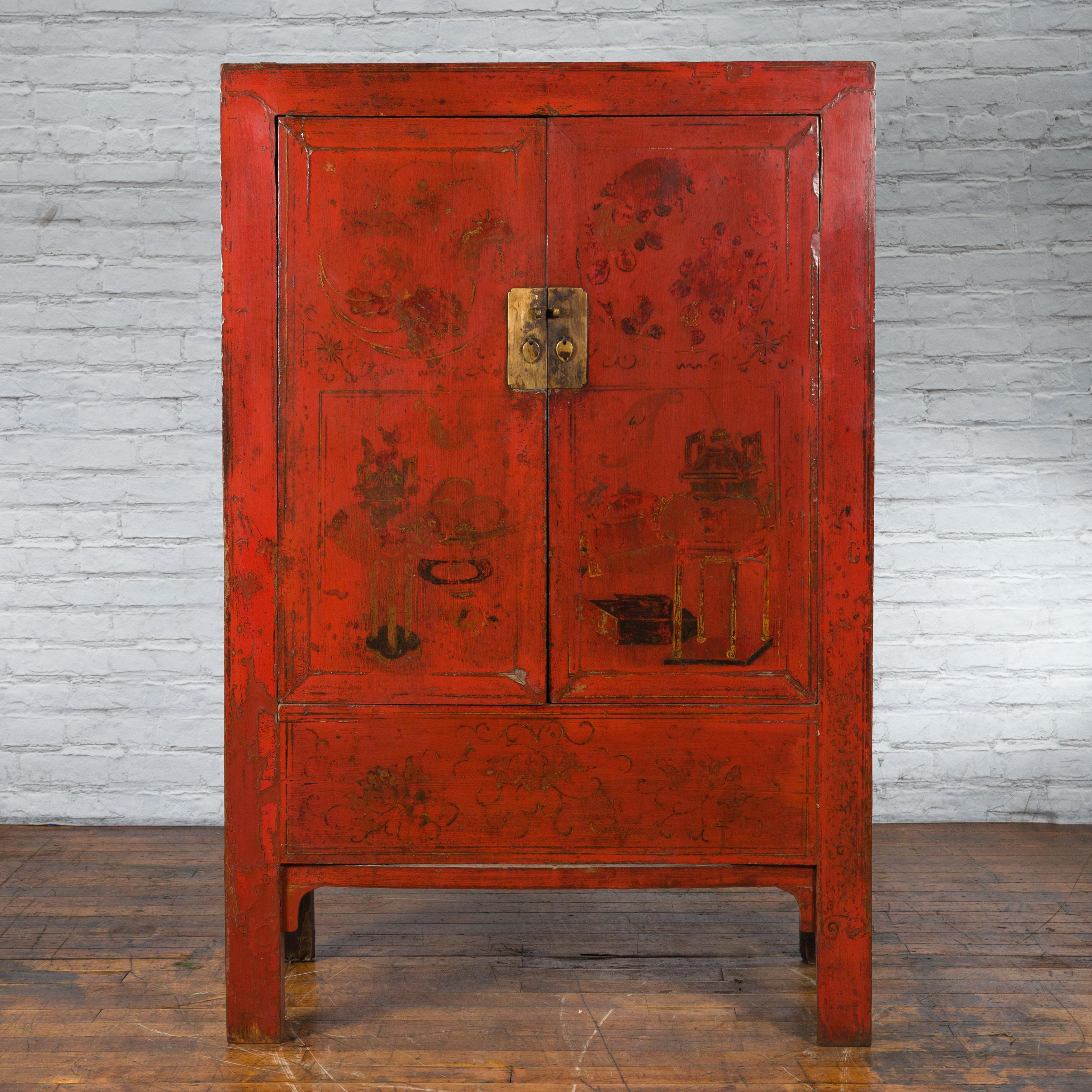 Wood Chinese Qing Dynasty Shanxi Wedding Cabinet with Original Red Lacquer For Sale