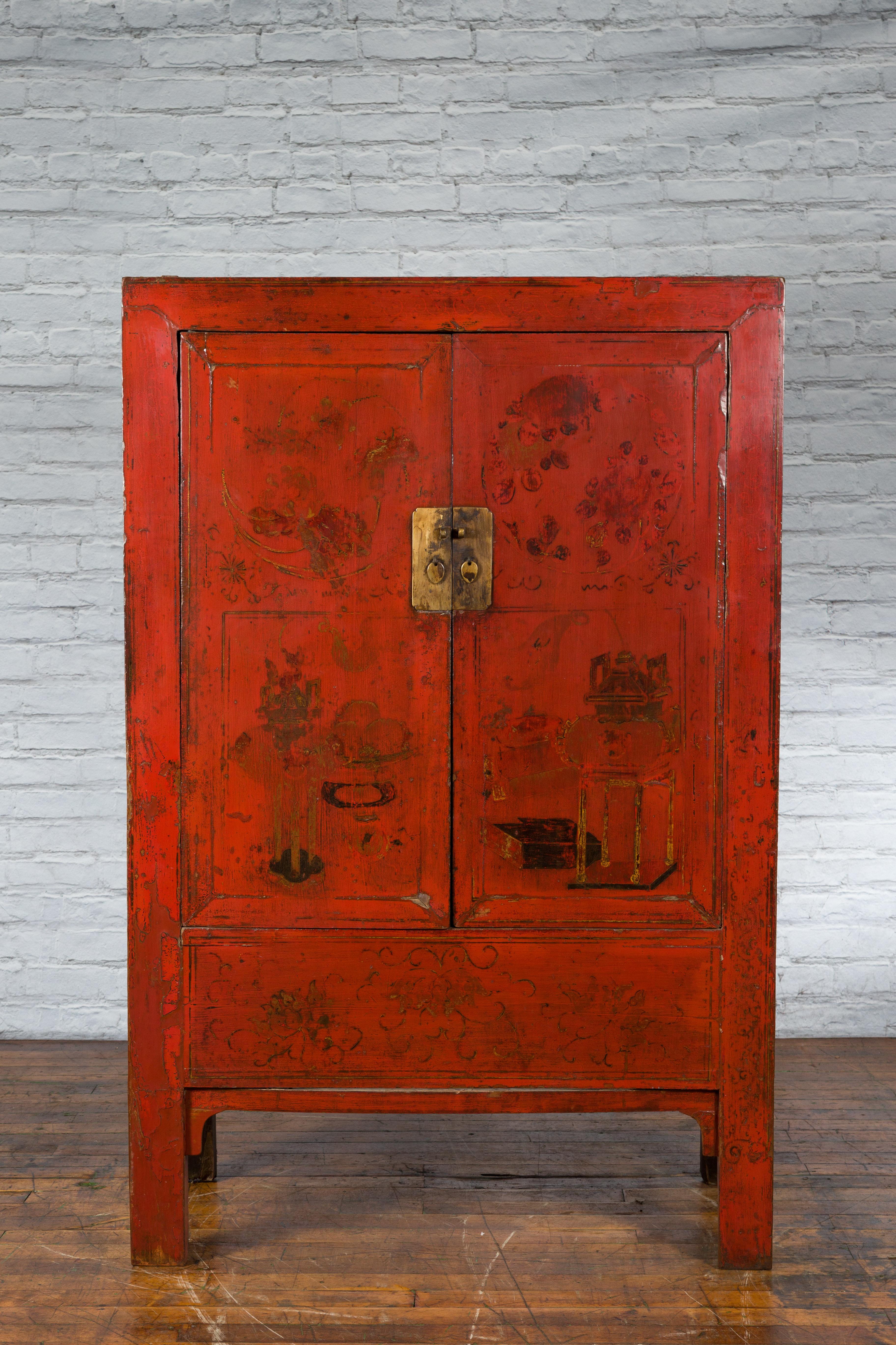 Chinese Qing Dynasty Shanxi Wedding Cabinet with Original Red Lacquer For Sale 1