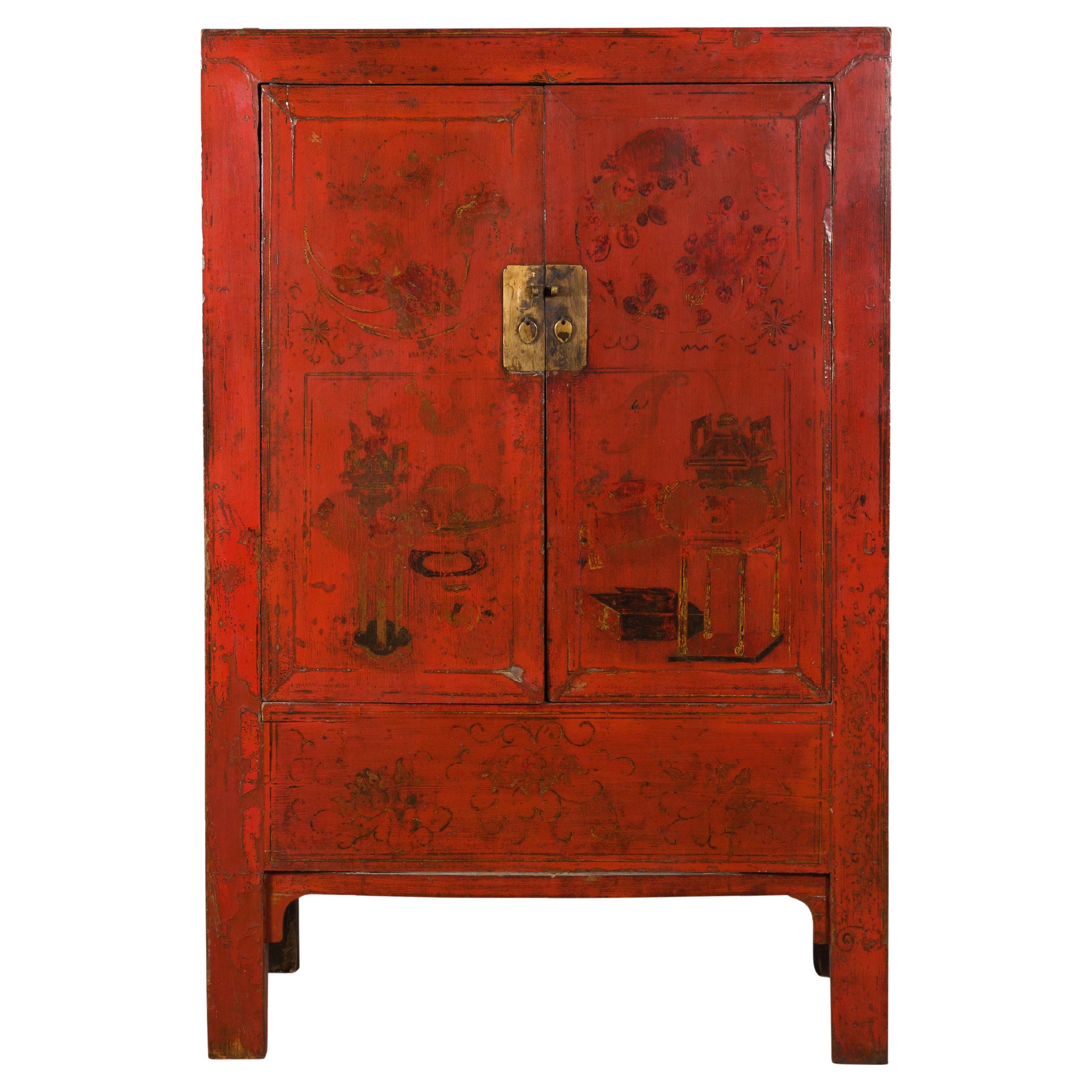 Chinese Qing Dynasty Shanxi Wedding Cabinet with Original Red Lacquer For Sale