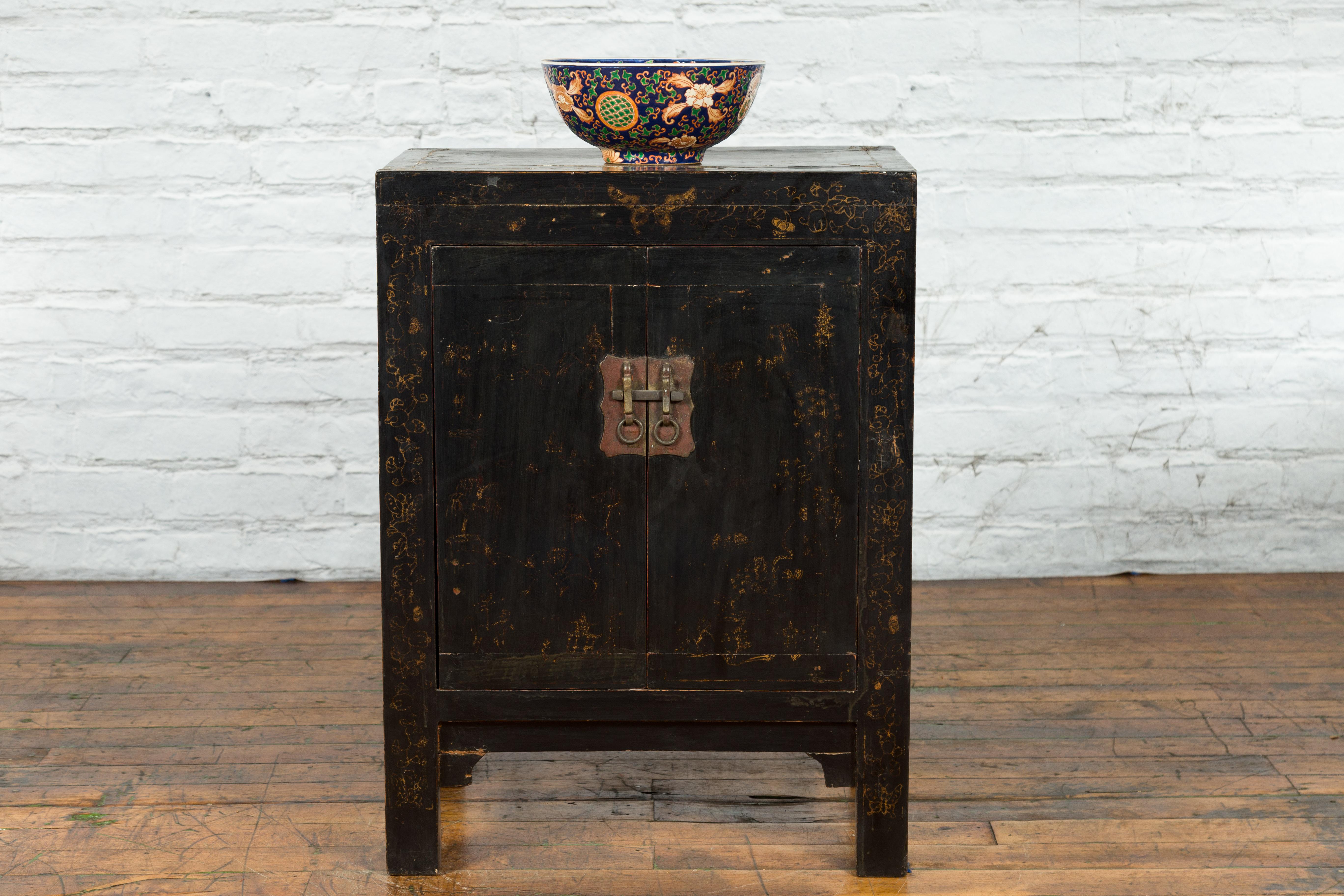 Lacquered Chinese Qing Dynasty Side Cabinet with Original Lacquer and Faint Painted Décor For Sale