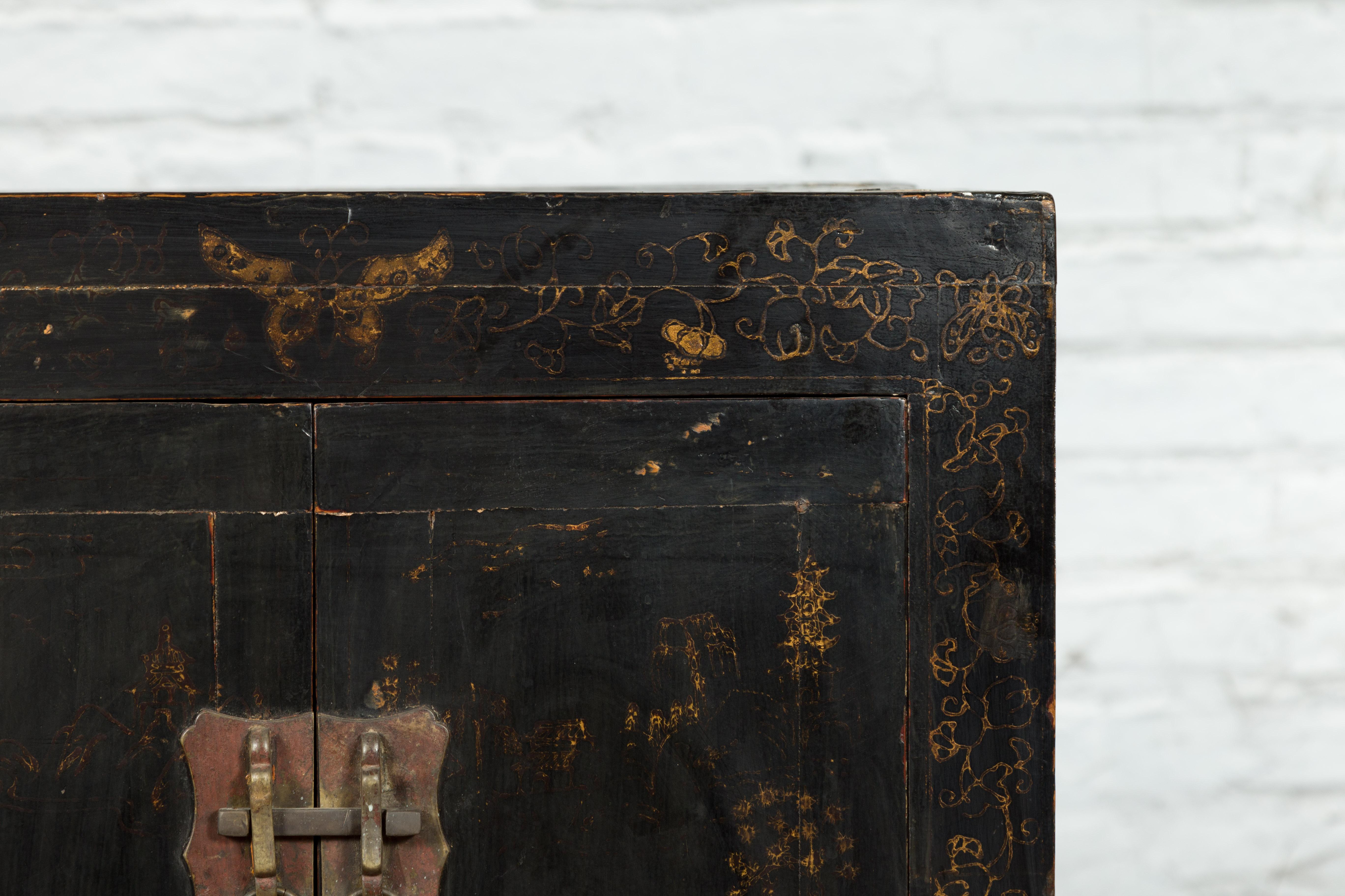 Wood Chinese Qing Dynasty Side Cabinet with Original Lacquer and Faint Painted Décor For Sale