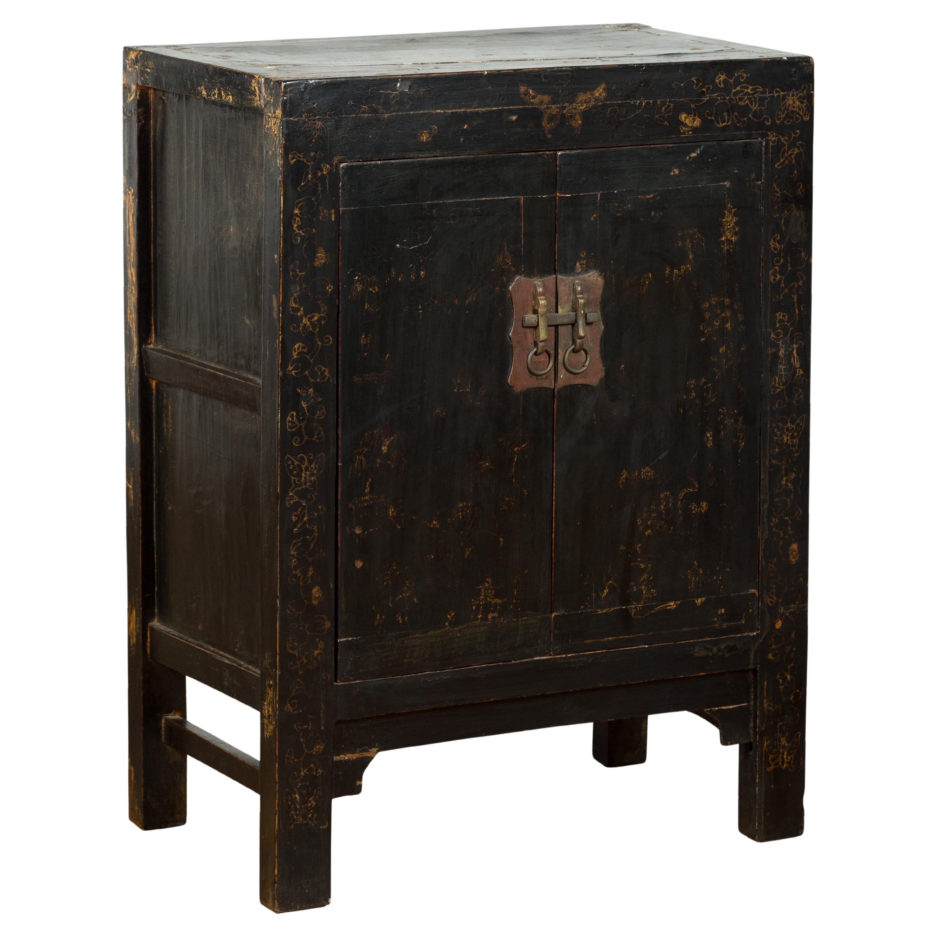 Chinese Qing Dynasty Side Cabinet with Original Lacquer and Faint Painted Décor For Sale