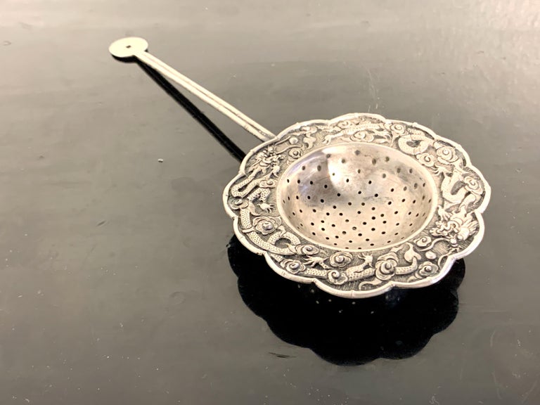 Repoussé Chinese Qing Dynasty Silver Tea Strainer, Late 19th Century, China For Sale
