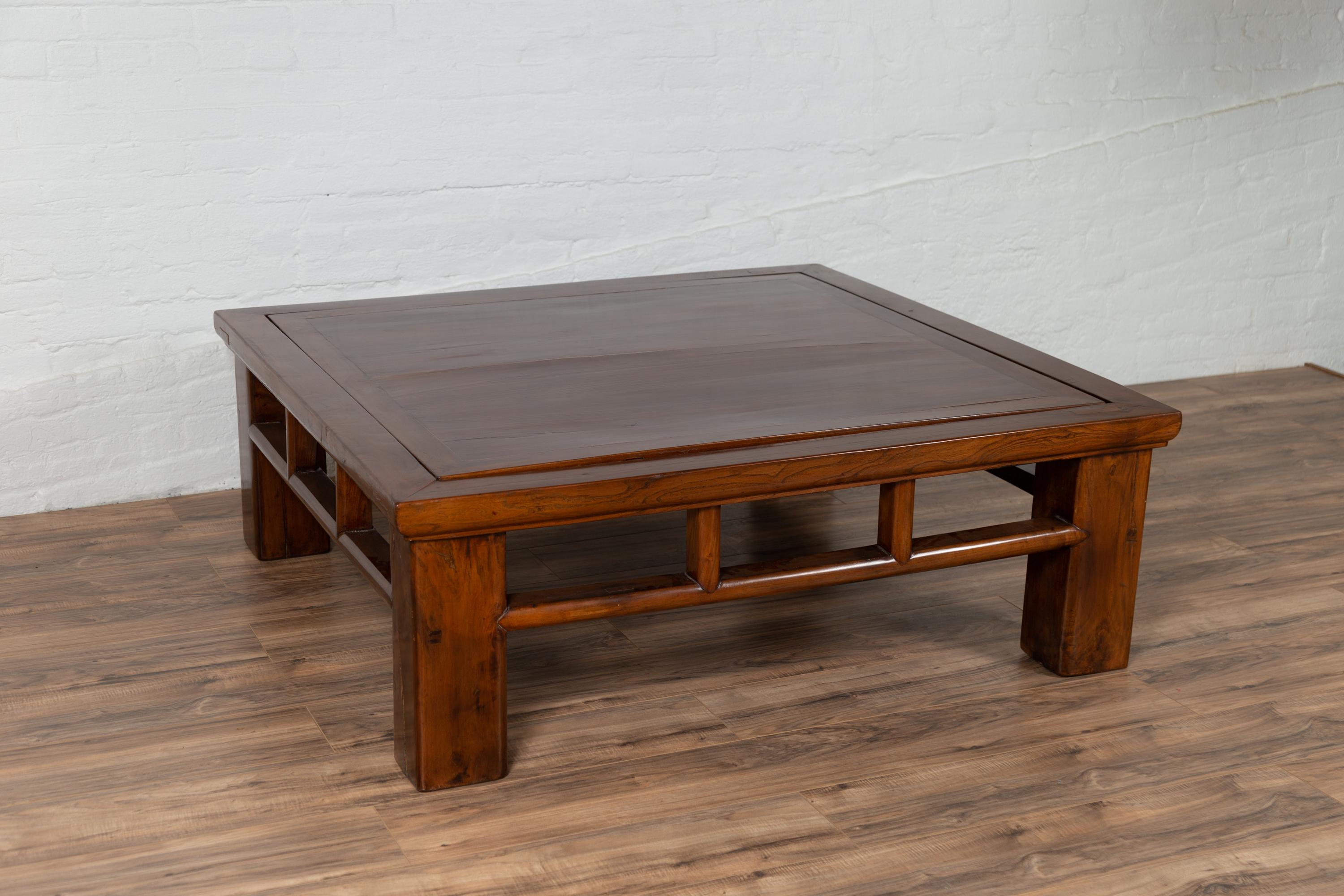 Chinese Qing Dynasty Style Elm Coffee Table with Reversible Top and Strut Motifs For Sale 1