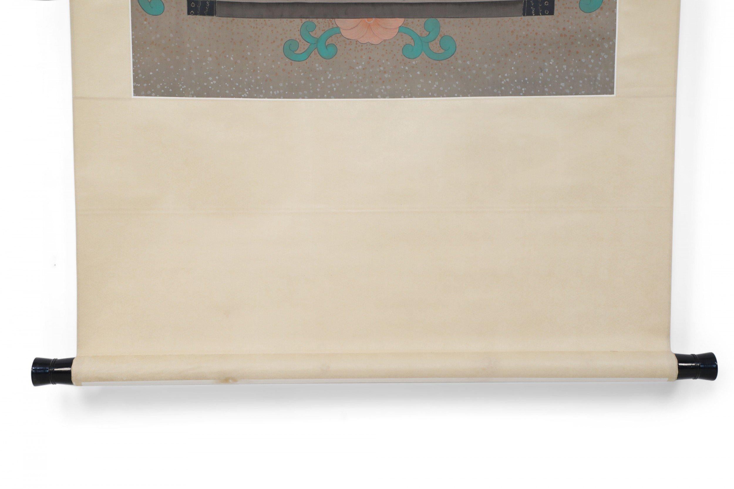 3 Chinese Qing Dynasty-style scroll wall hangings depicting a queen seated on a chair draped in ornate cloth, a mushroom colored background and floral rug beneath her. The rest of the scroll is a pale gold silk shantung with floral scroll design.