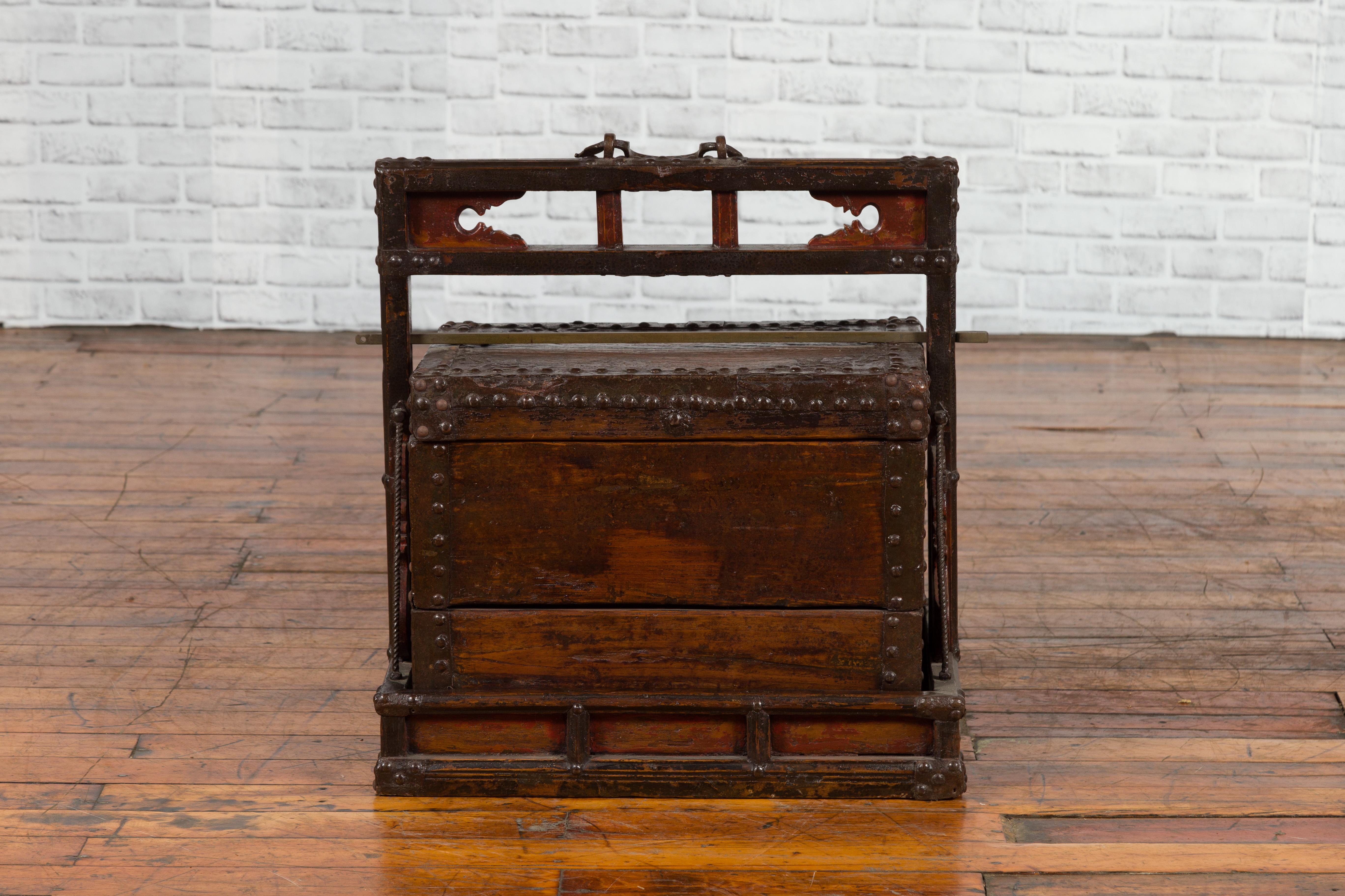 Chinese Qing Dynasty Tiered Wedding Box with Nailheads and Dark Patina For Sale 4