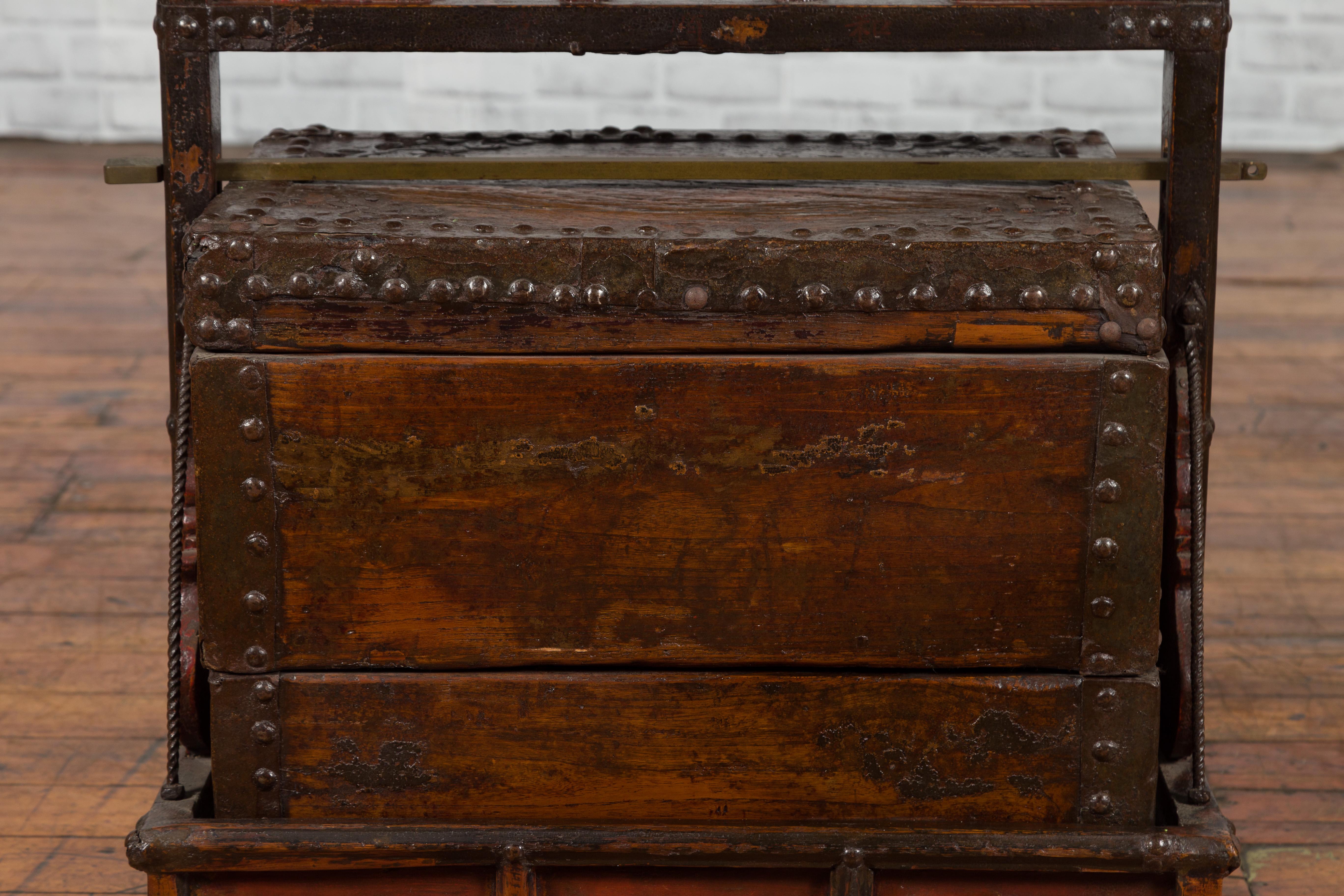 19th Century Chinese Qing Dynasty Tiered Wedding Box with Nailheads and Dark Patina For Sale