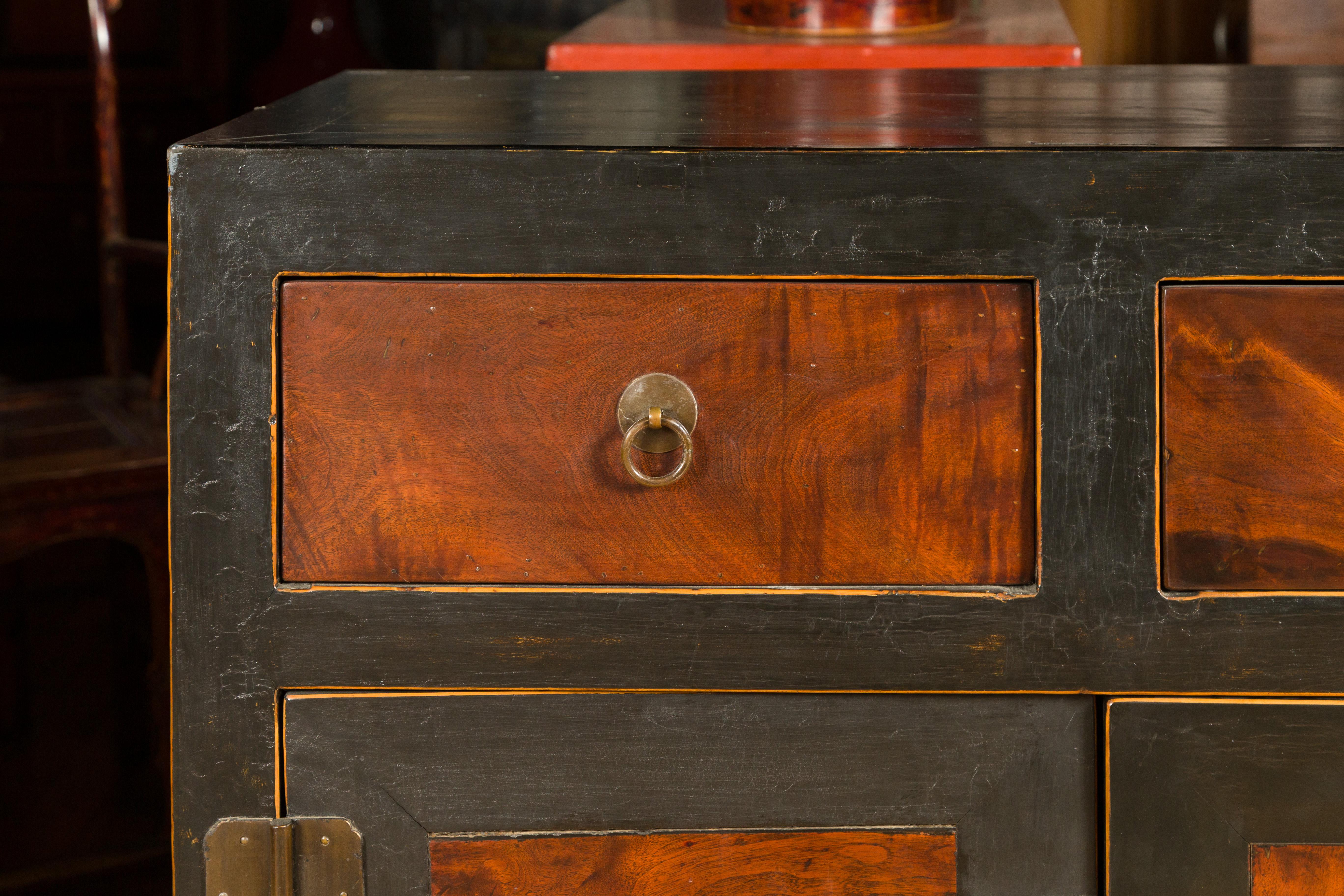 Chinese Qing Dynasty 19th Century Two-Toned Cabinet with Two Drawers Over Double Doors For Sale