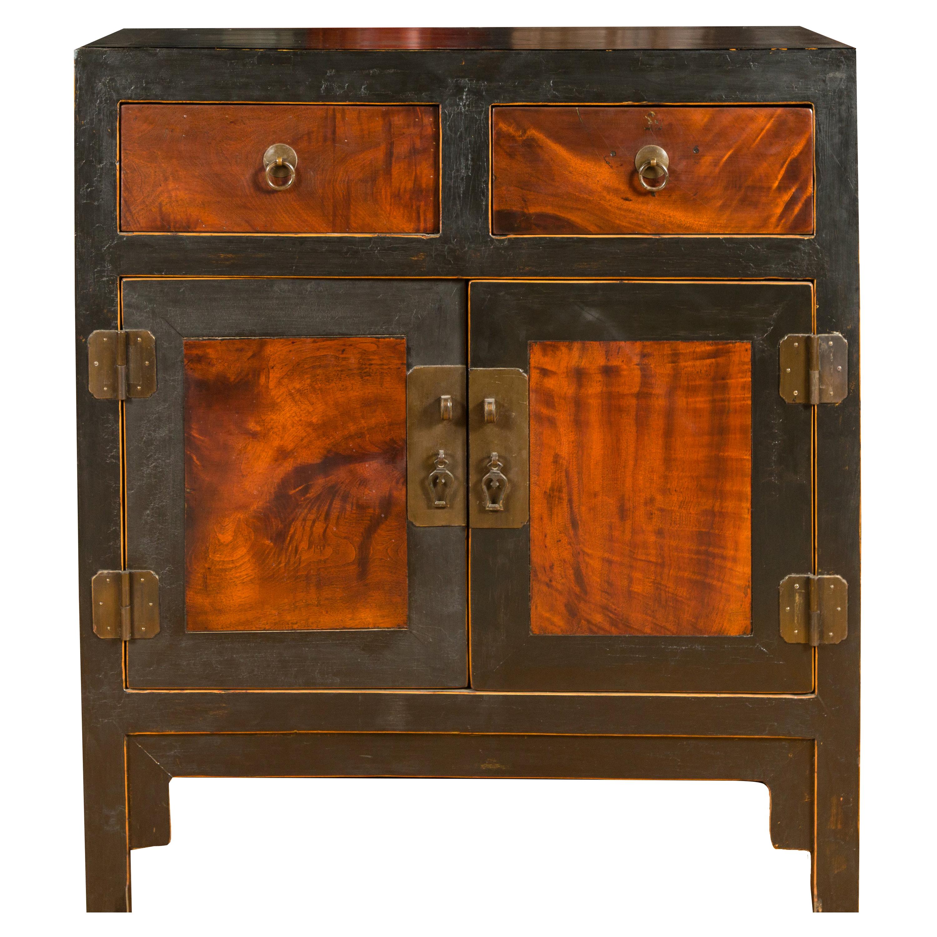 Qing Dynasty 19th Century Two-Toned Cabinet with Two Drawers Over Double Doors For Sale