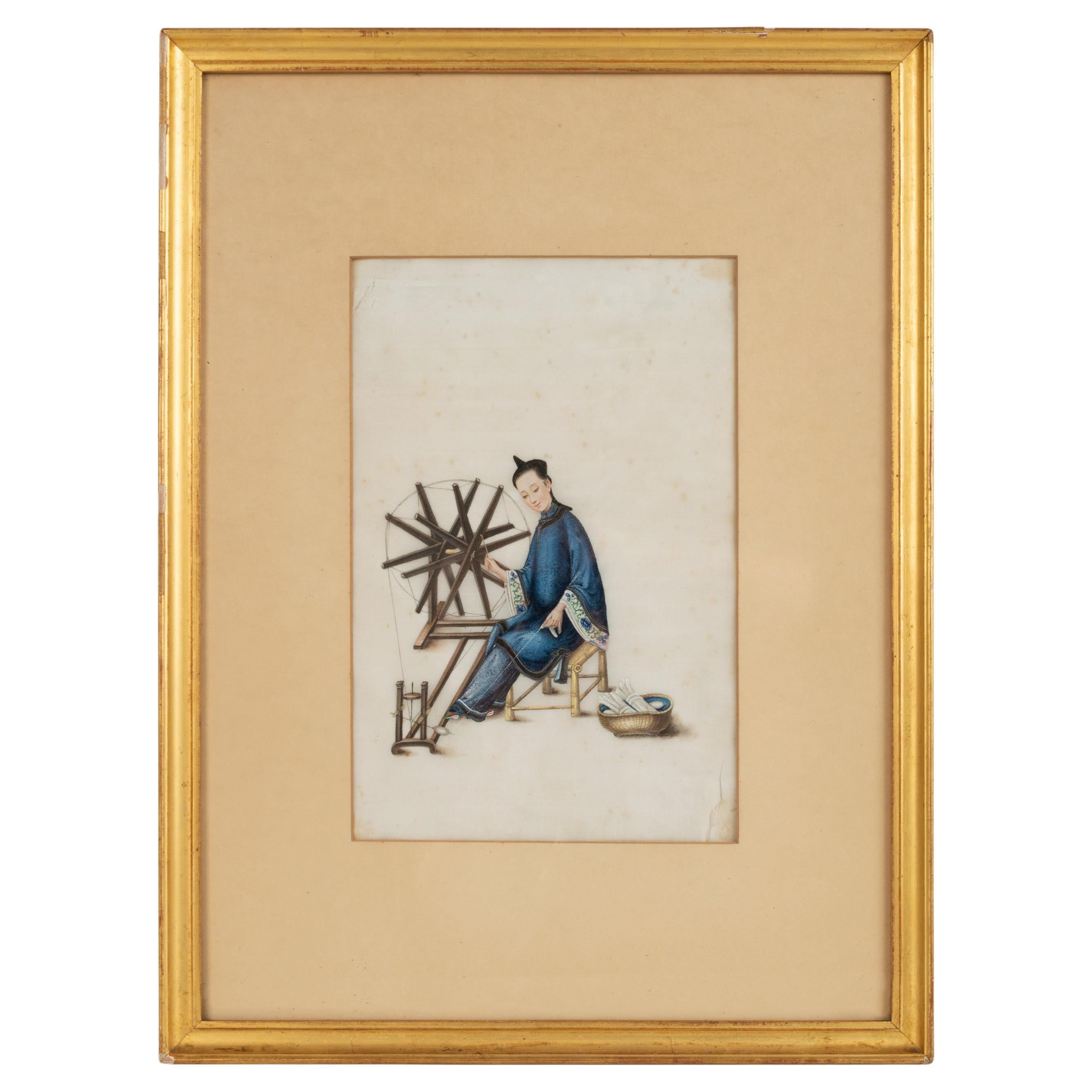 Chinesische Qing-Dynastie Aquarell und Gouache auf Pith-Papier, Kanton um 1835.

Das Bild einer Frau, die webt, fängt das Leben in Kanton ein und zeigt das tägliche Leben im China der Qing-Dynastie. Diese Exportgemälde waren für ihre