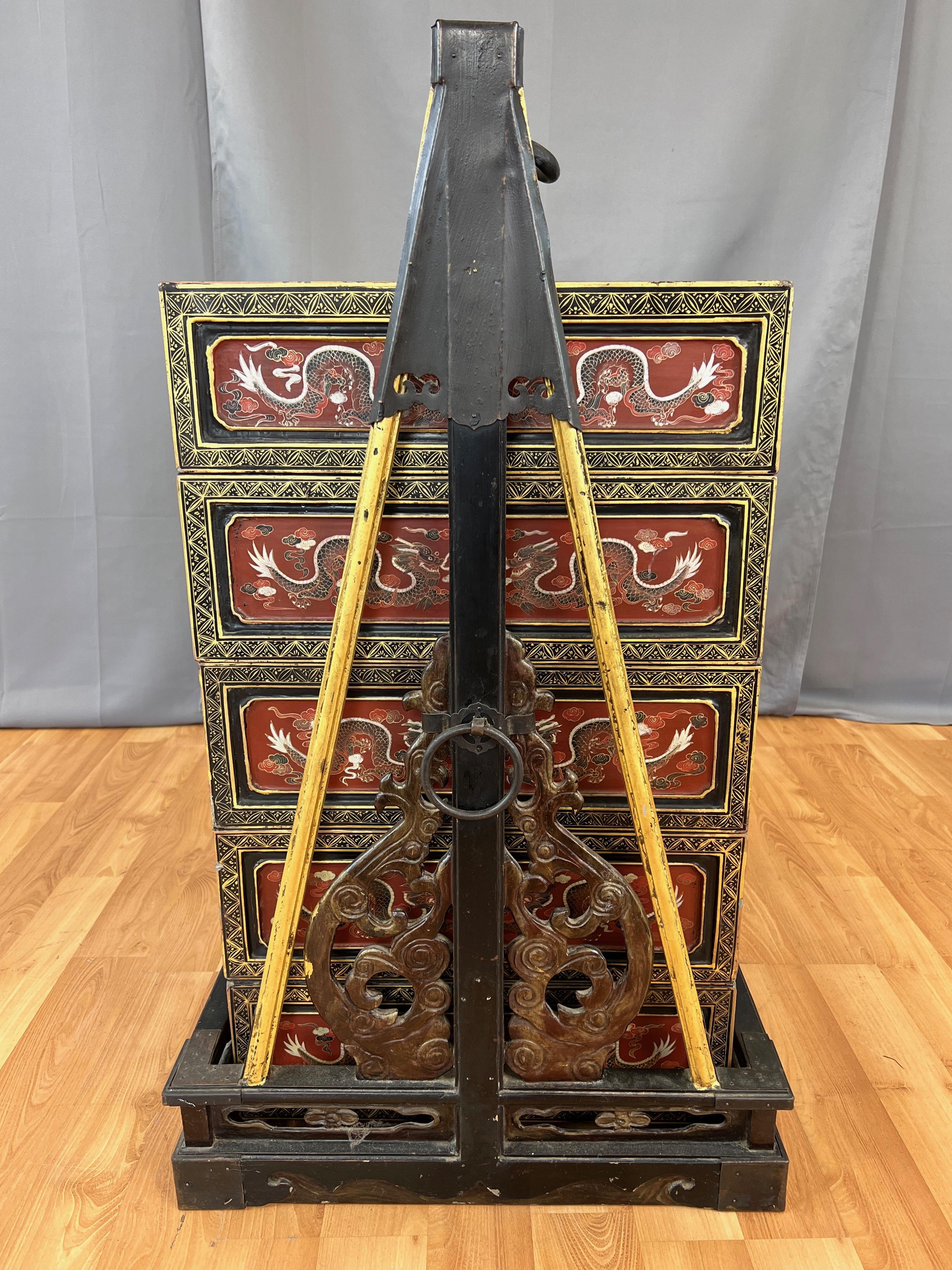 Chinese Qing Era Large Lacquered Five-Tier Wedding Cabinet, Early 20th Century 5