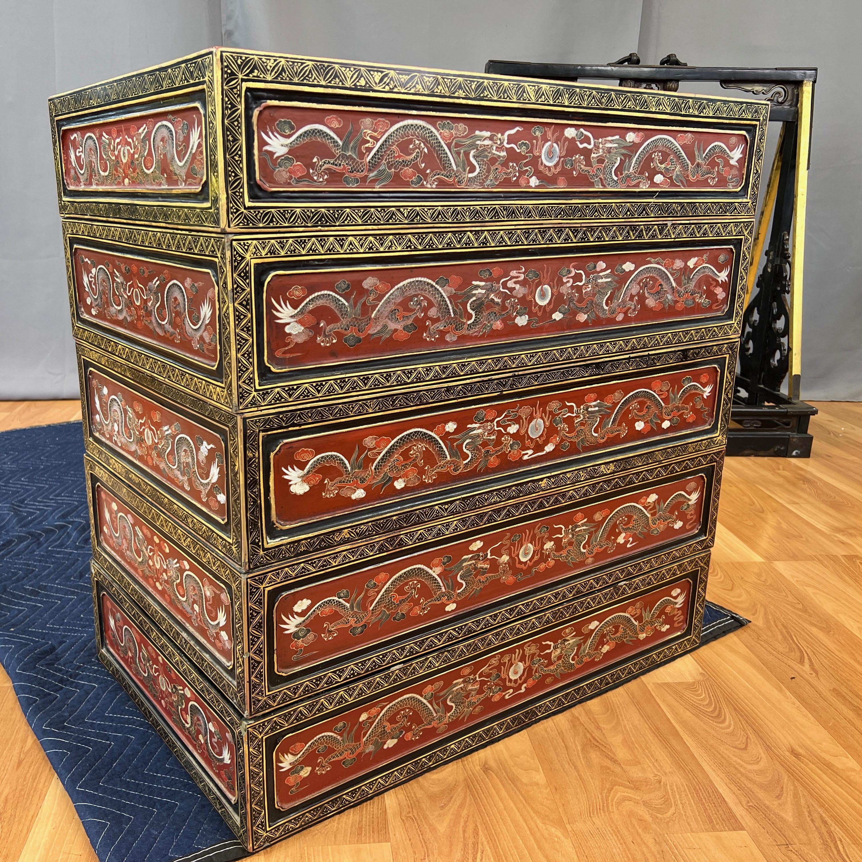 Chinese Qing Era Large Lacquered Five-Tier Wedding Cabinet, Early 20th Century 10