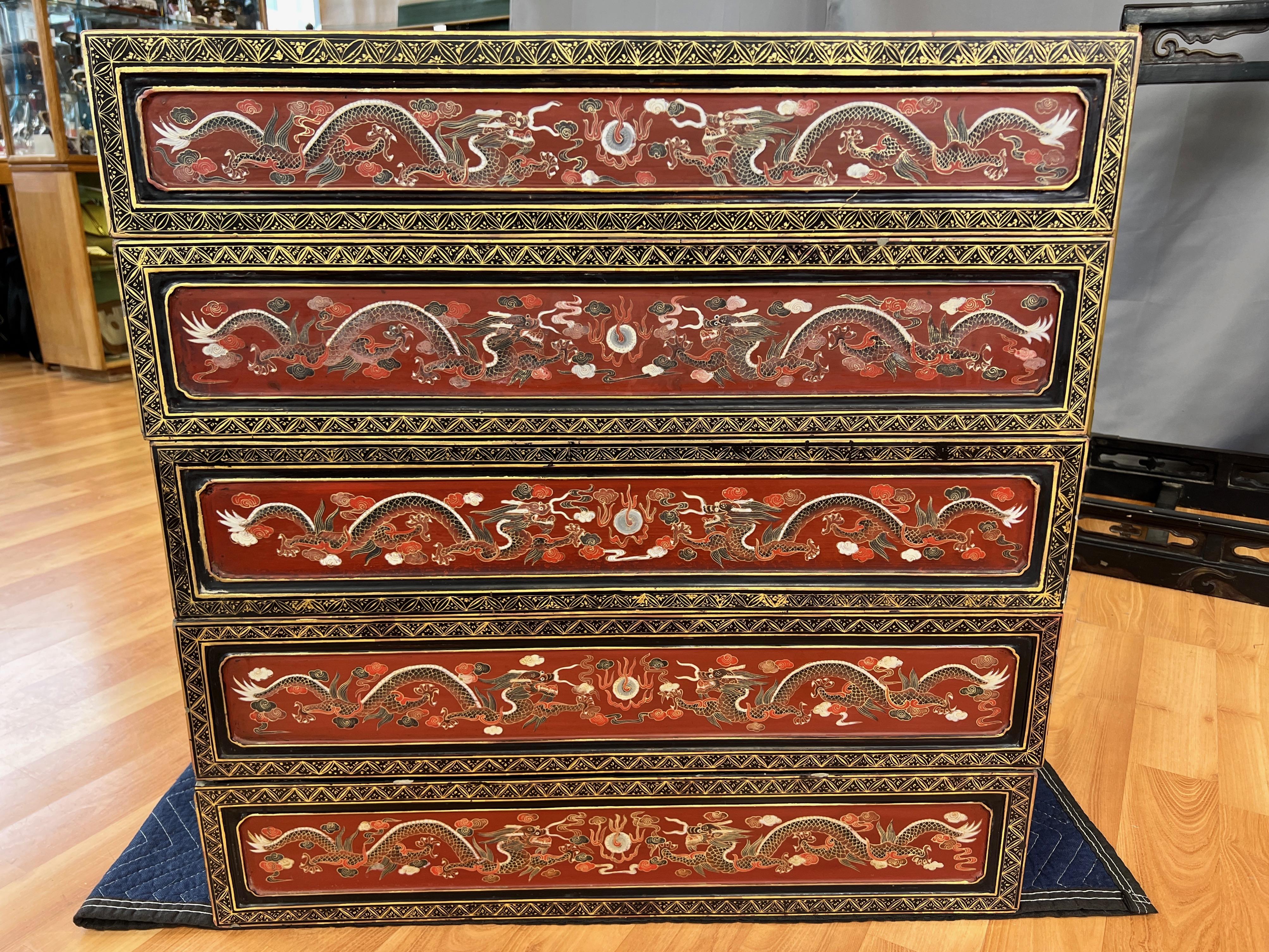 Chinese Qing Era Large Lacquered Five-Tier Wedding Cabinet, Early 20th Century 11