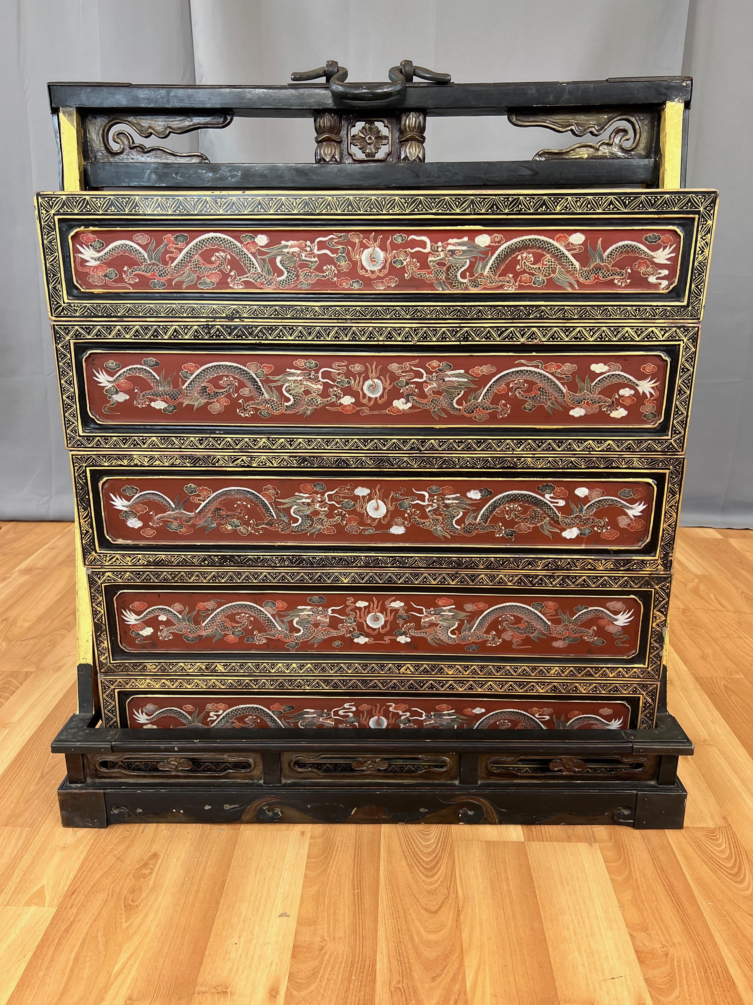 Hand-Carved Chinese Qing Era Large Lacquered Five-Tier Wedding Cabinet, Early 20th Century