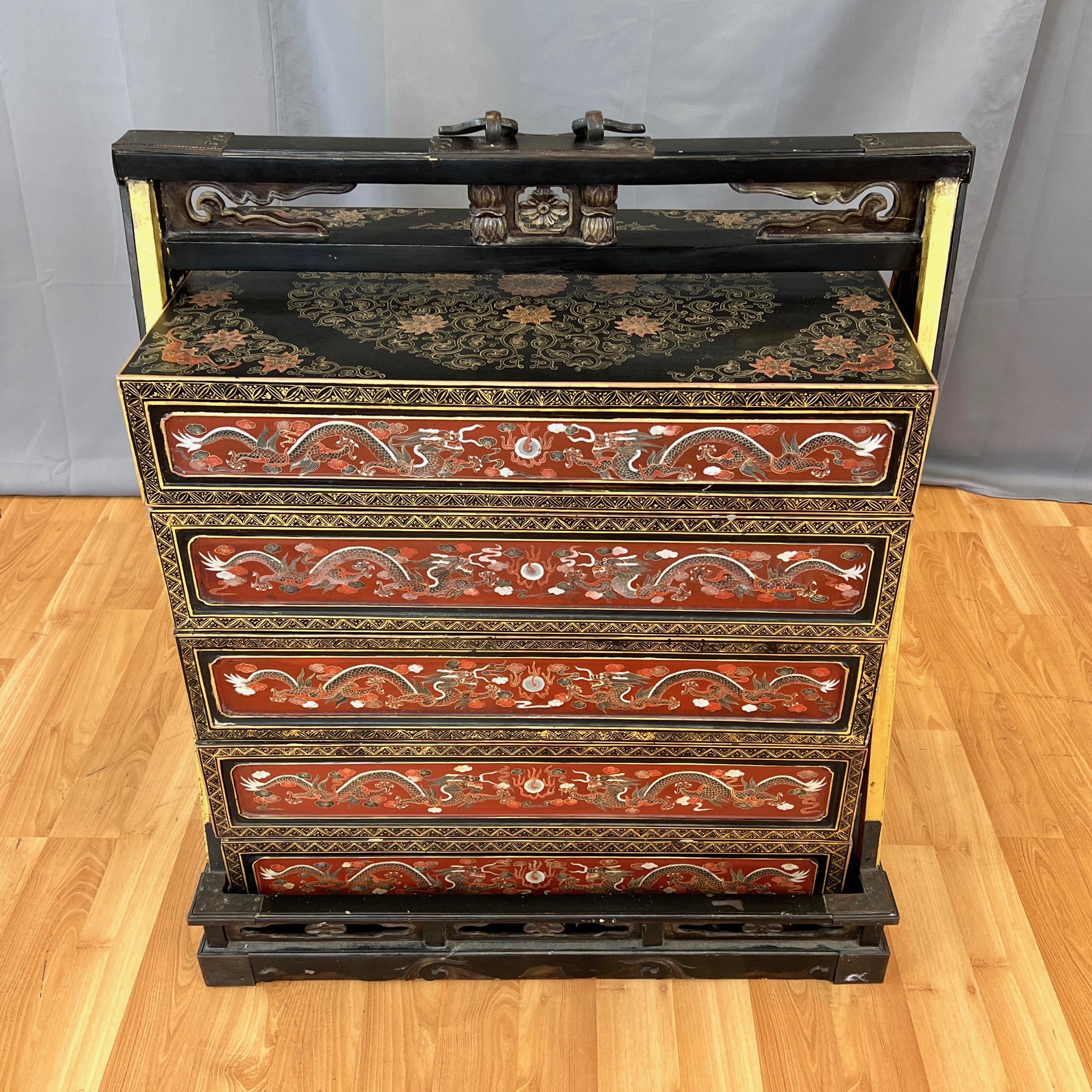 Chinese Qing Era Large Lacquered Five-Tier Wedding Cabinet, Early 20th Century 2