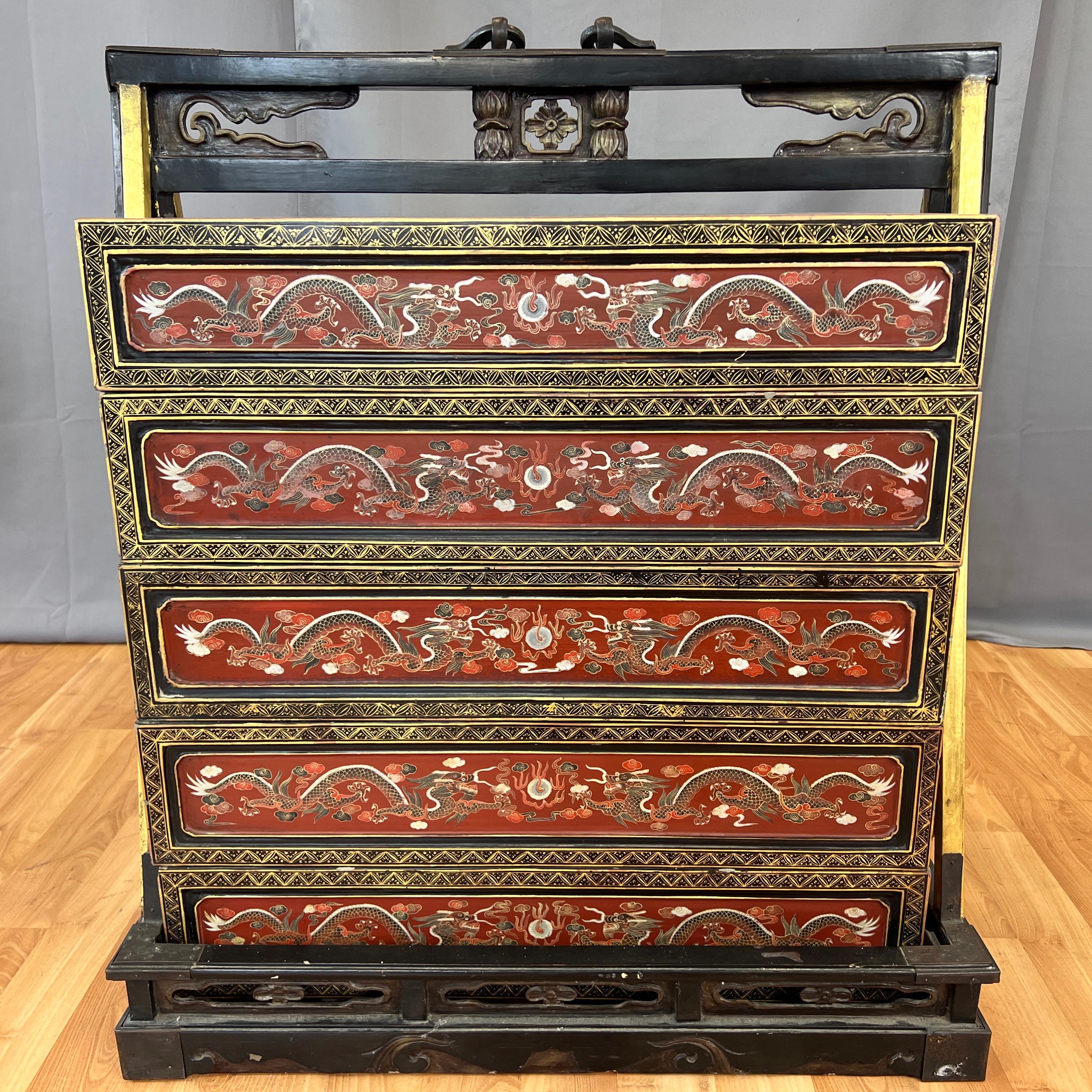 Chinese Qing Era Large Lacquered Five-Tier Wedding Cabinet, Early 20th Century 3
