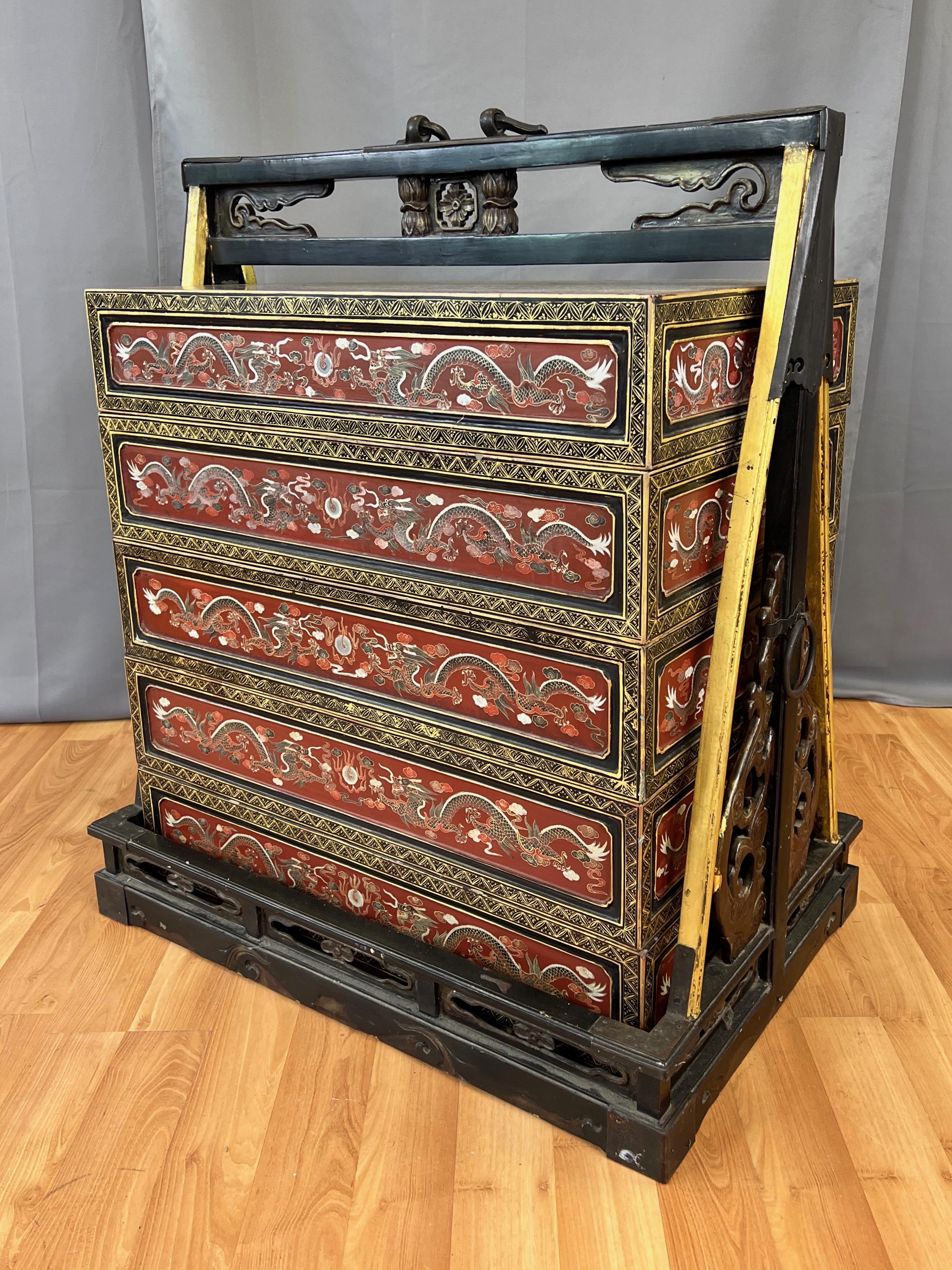 Chinese Qing Era Large Lacquered Five-Tier Wedding Cabinet, Early 20th Century 4