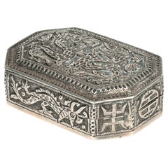 Antique Chinese Qing Exceptional Quality Silver Box with Chinese Symbols and Dragons