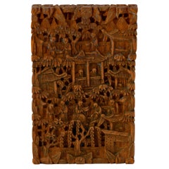 Boîte à cartes cantonaise en bois de buis finement sculpté Qing du 19ème siècle 