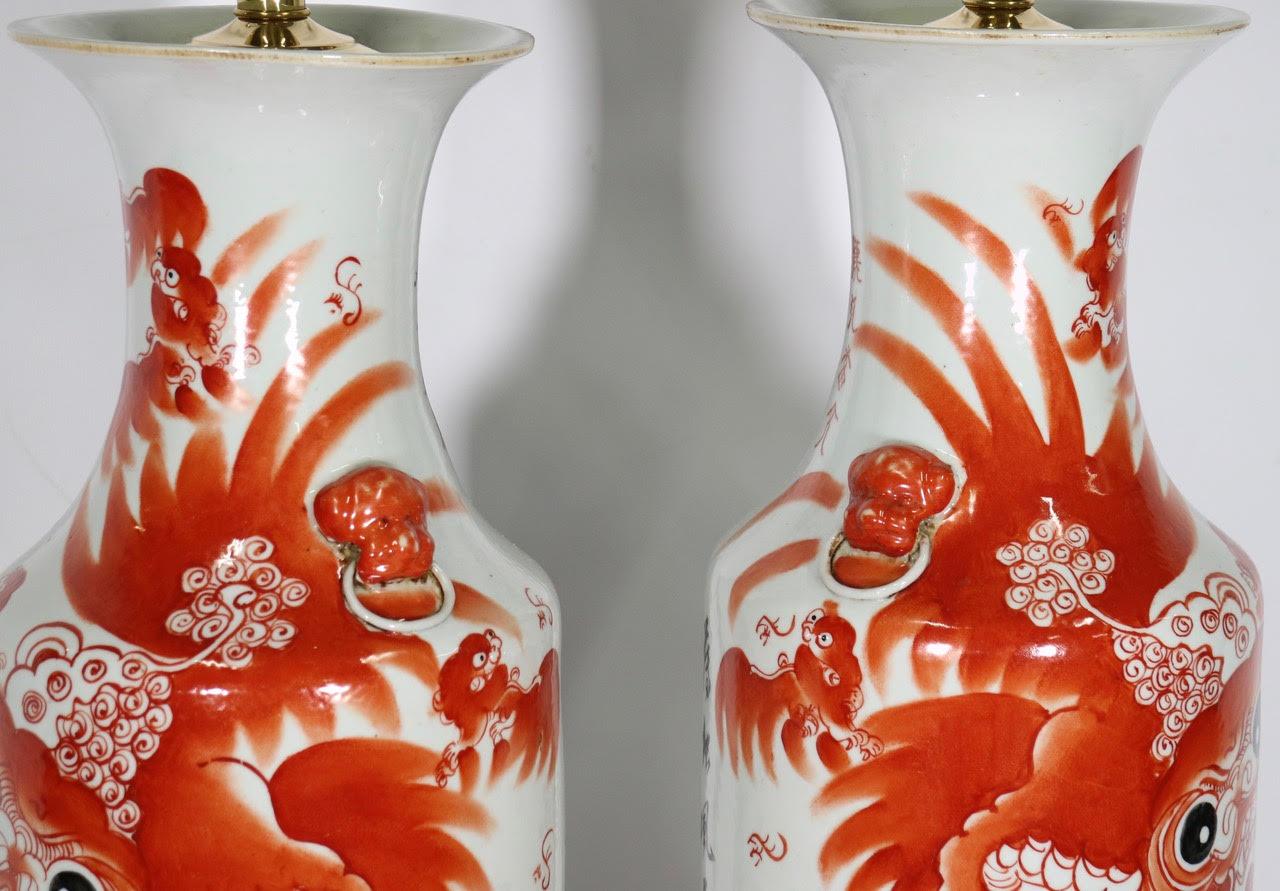 Chinese Qing Foo Dog Porcelain Table Lamps in Iron Red 3