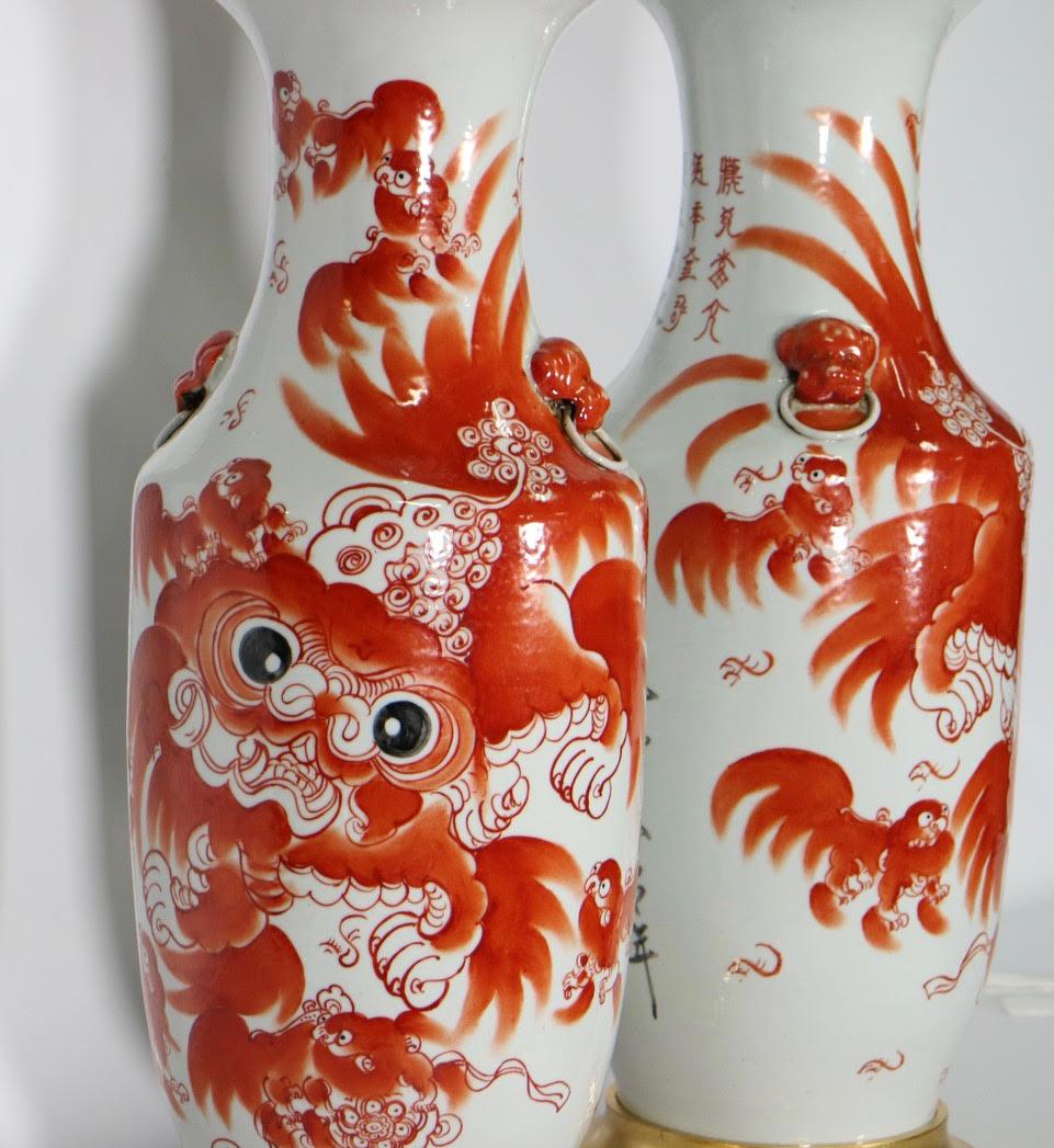 18th Century Chinese Qing Foo Dog Porcelain Table Lamps in Iron Red