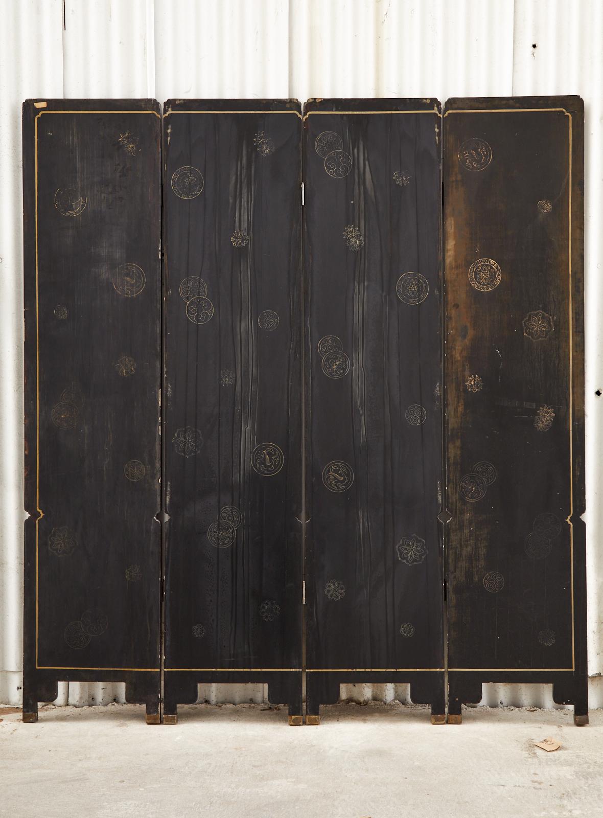 Chinese Qing Four Panel Carved Soapstone Coromandel Screen 12