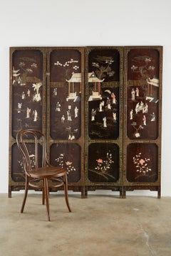 Chinese Qing Four Panel Carved Soapstone Coromandel Screen