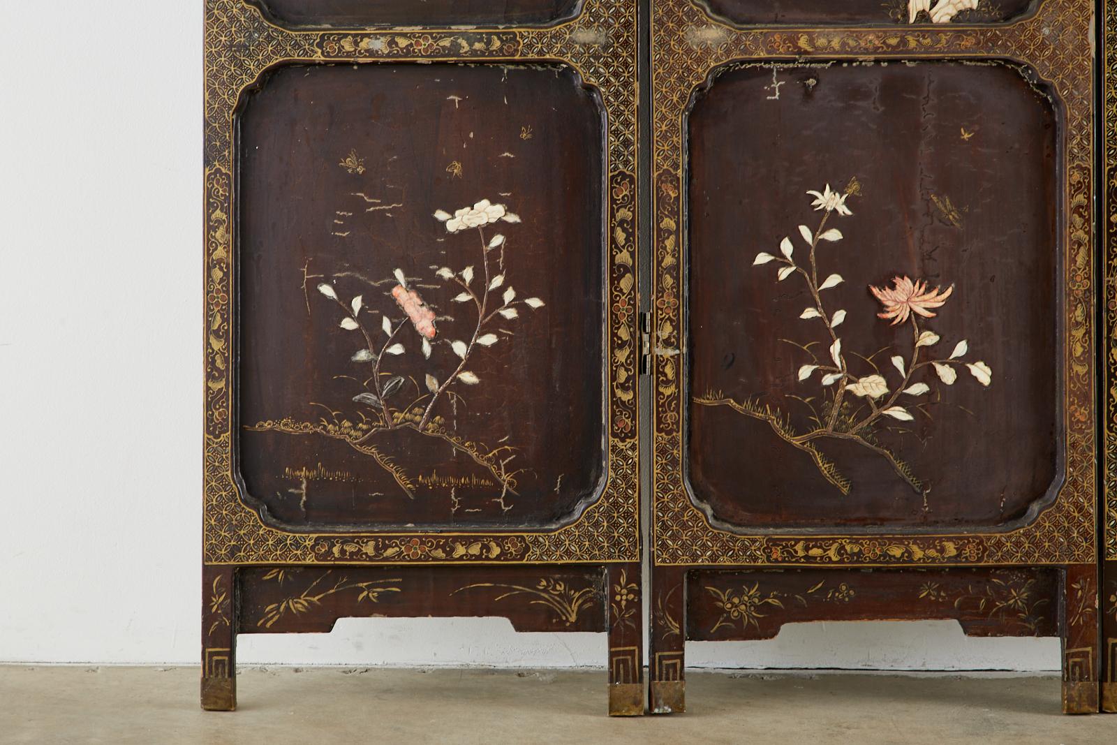 Bone Chinese Qing Four Panel Carved Soapstone Coromandel Screen For Sale