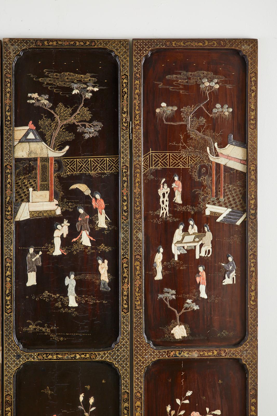 Chinesischer Coromandel-Raumteiler mit vier geschnitzten Soapsteinen, Qing-Dynastie im Angebot 2