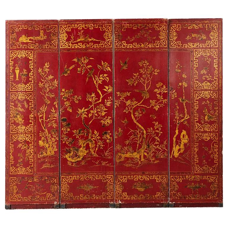 Chinese Qing Four-Panel Lacquer Gilt Screen