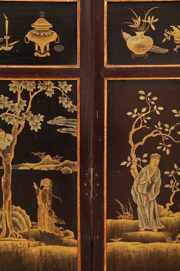 Chinese Qing Four Panel Lacquered Incised Coromandel Screen For Sale 5