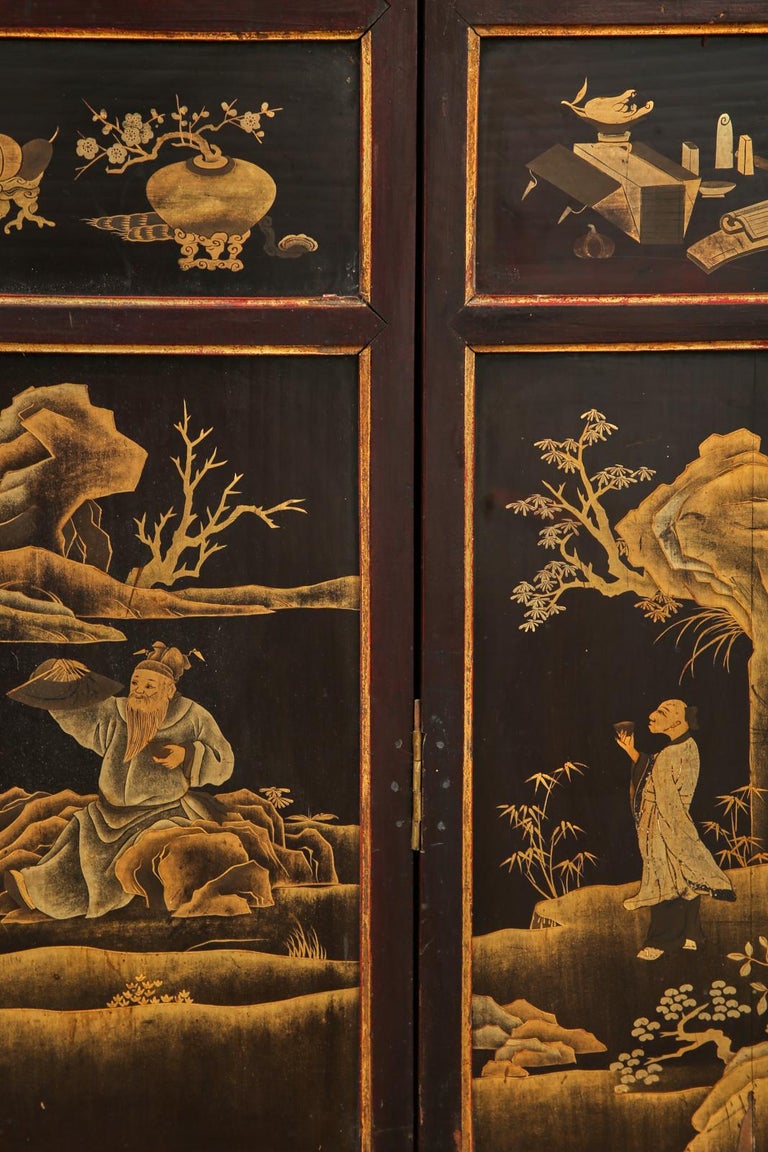 Chinese Qing Four Panel Lacquered Incised Coromandel Screen For Sale 6