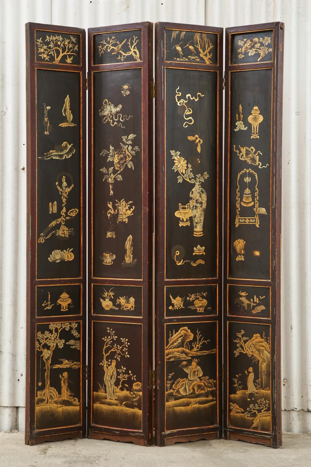 Chinesisch Qing vier Panel lackiert eingraviert Coromandel Bildschirm (Qing-Dynastie) im Angebot