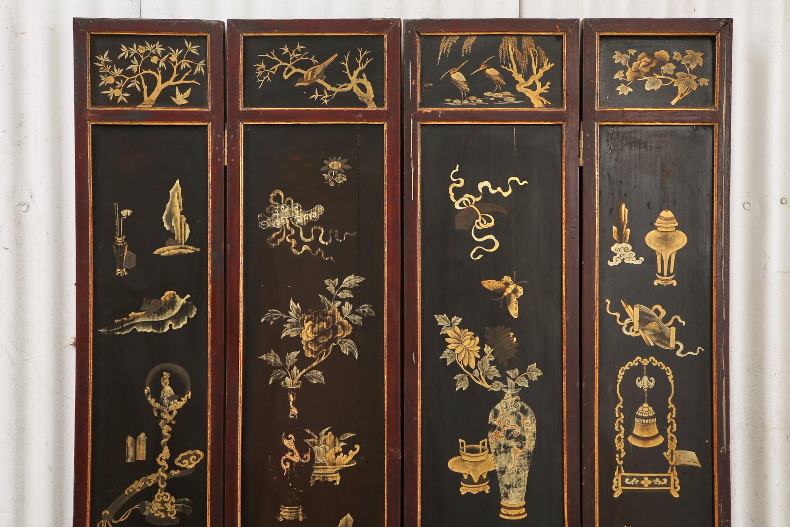 19th Century Chinese Qing Four Panel Lacquered Incised Coromandel Screen For Sale