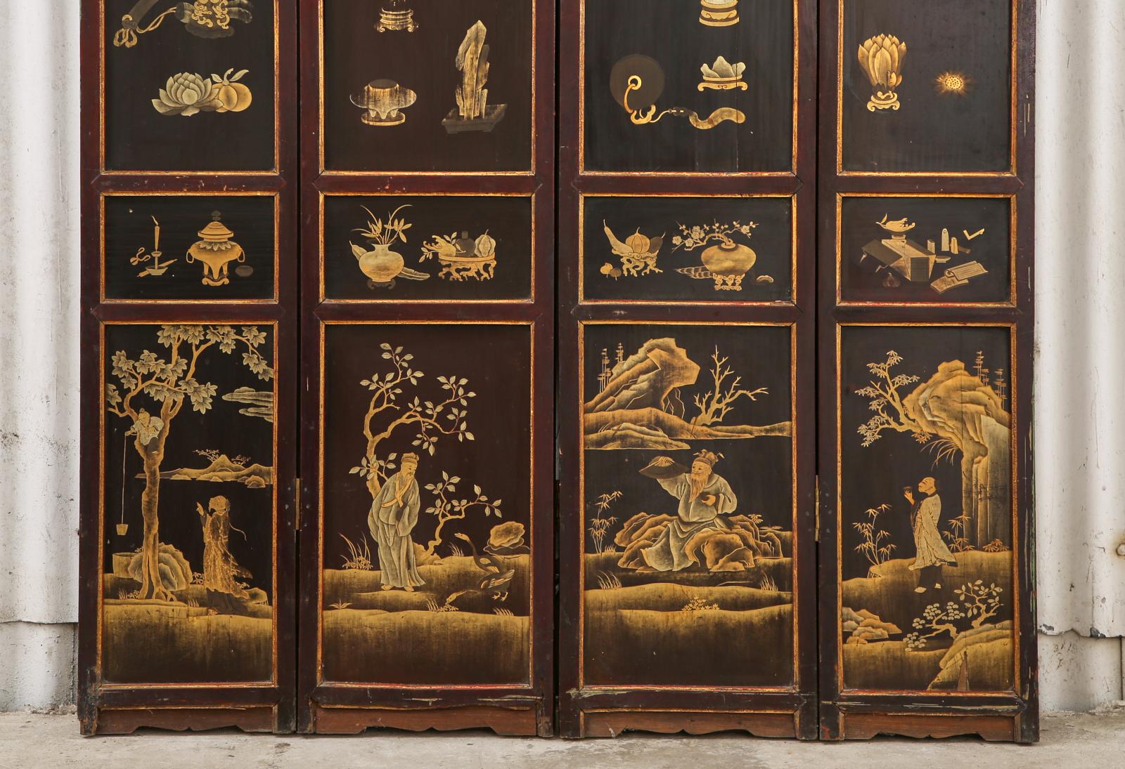 Brass Chinese Qing Four Panel Lacquered Incised Coromandel Screen For Sale