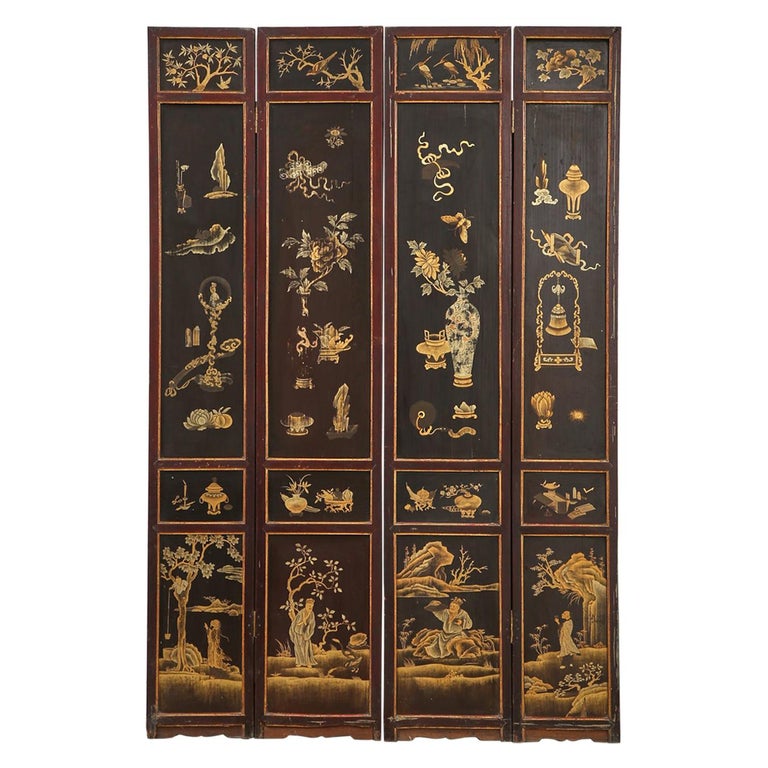 Chinese Qing Four Panel Lacquered Incised Coromandel Screen For Sale
