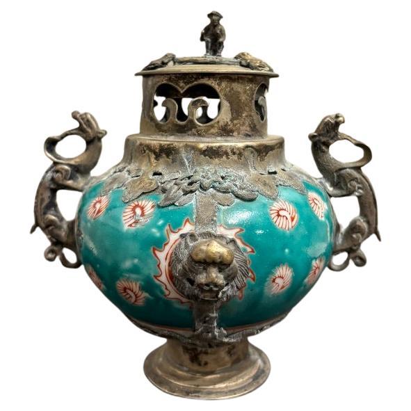 Chinese Qing Glazed Ceramic with Metal Mounts, Monkey, Frogs, Phoenix, Dragons For Sale