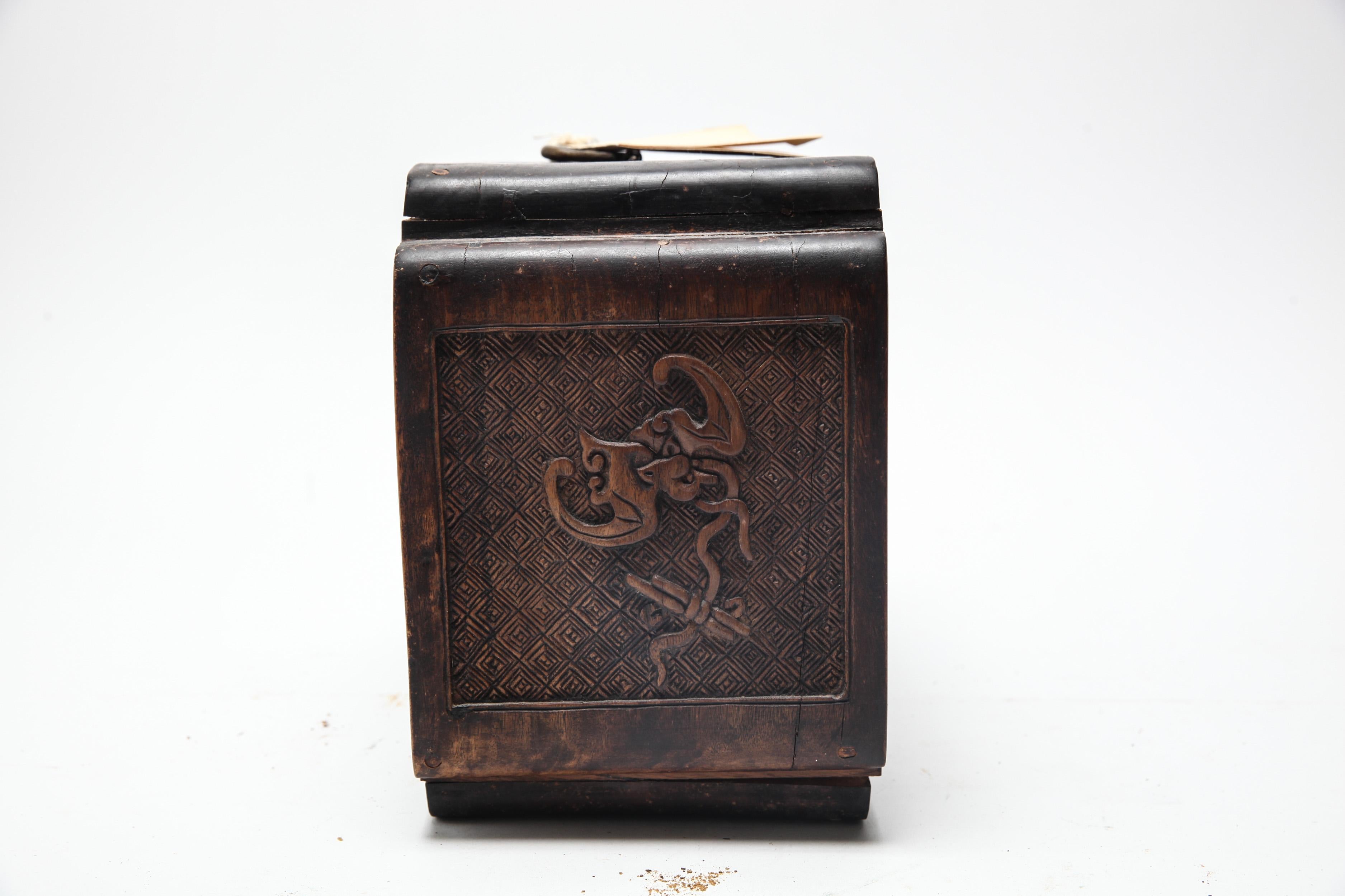 Wood Chinese Qing Jewelry Box in Carved Ironwood