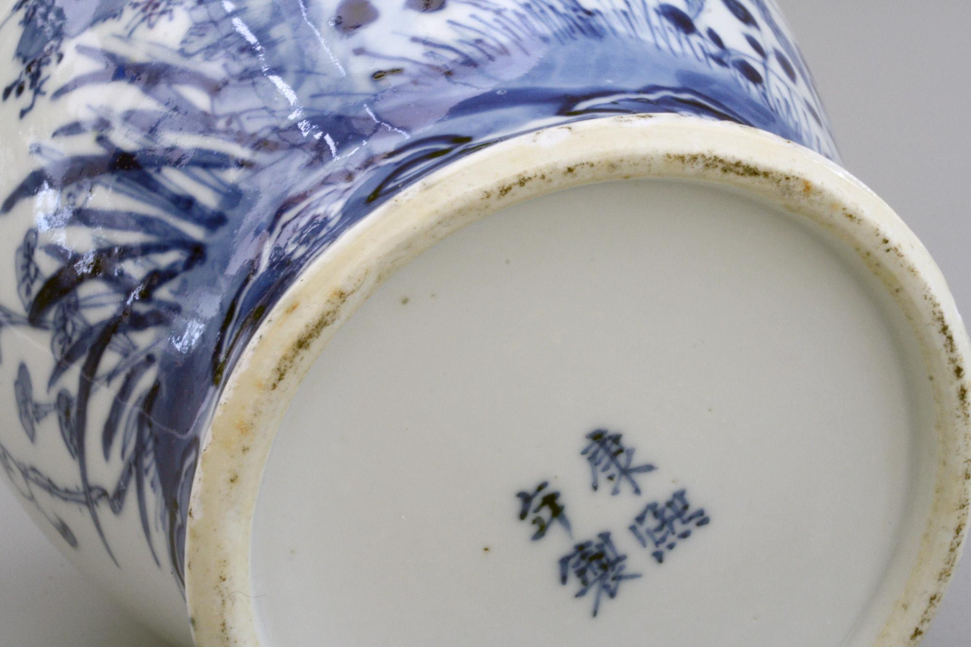 Chinese Qing Kangxi Mark Blue & White Insects & Landscape Porcelain Lidded Jar 2