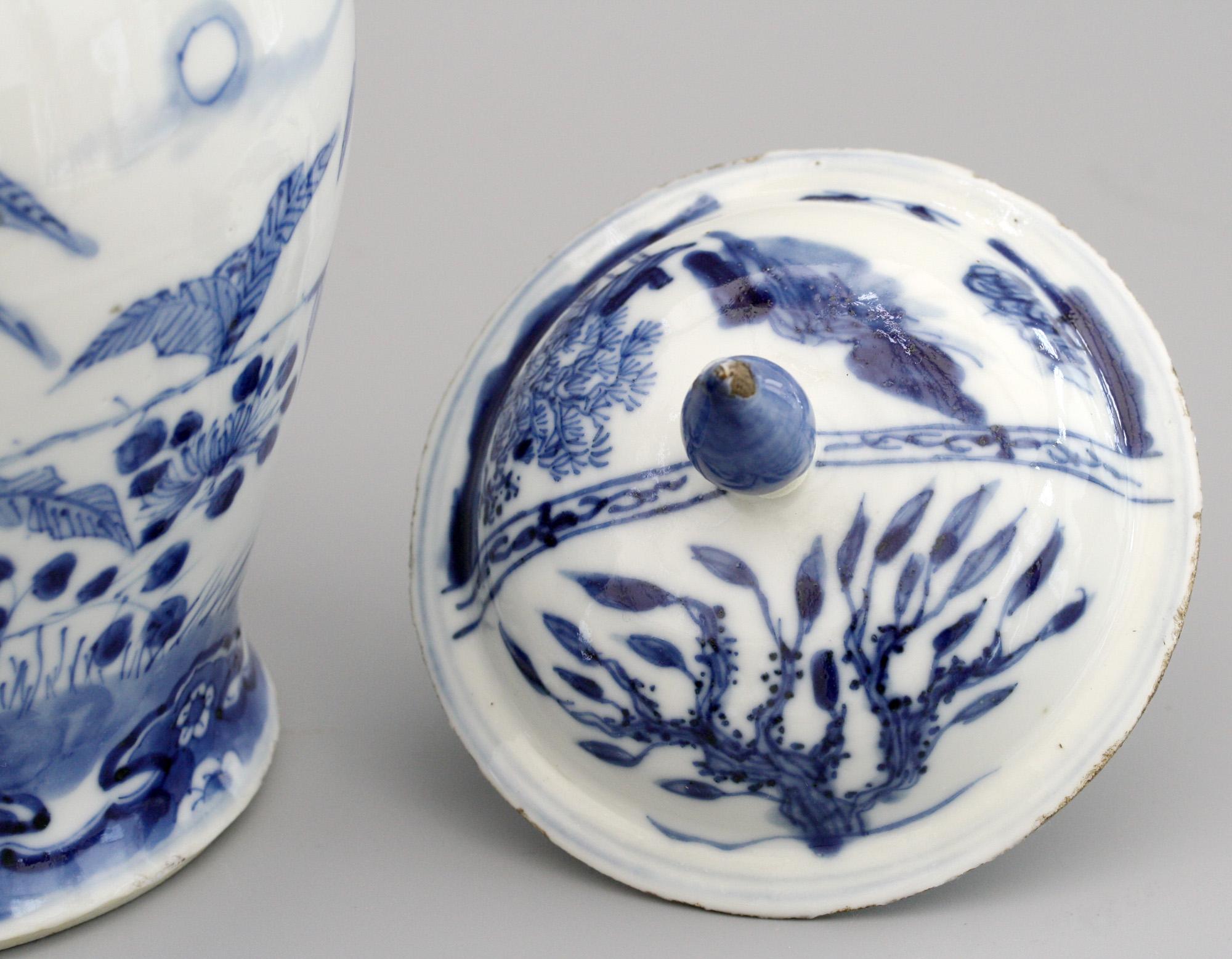 A very fine antique Chinese Kangxi mark porcelain lidded jar finely hand painted in blue and white with insects and butterflies within a rocky landscape, probably dating from the early to mid-19th century. The rounded bulbous shaped jar is painted