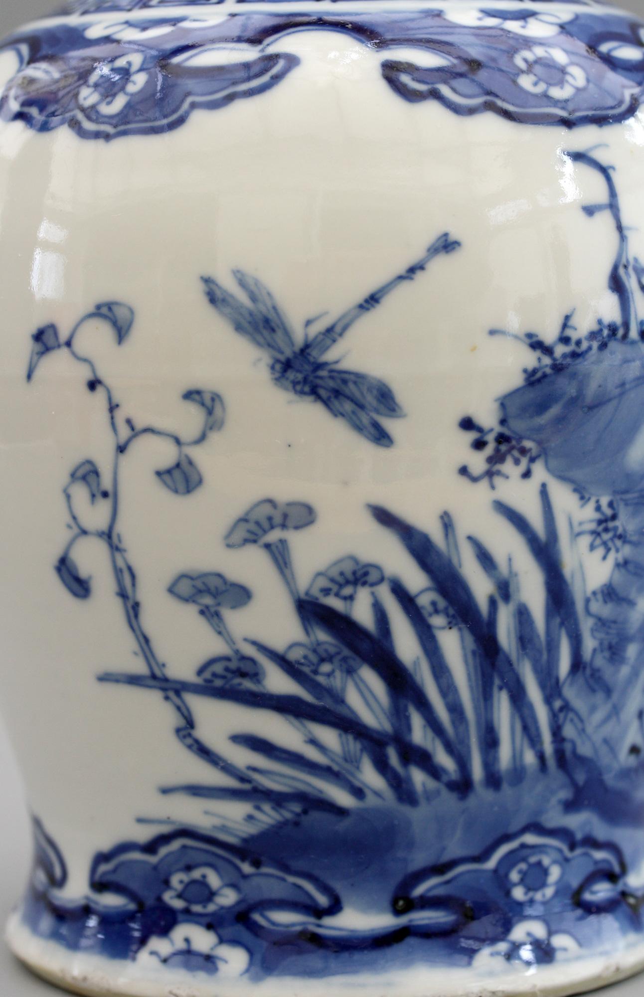 Chinese Qing Kangxi Mark Blue & White Insects & Landscape Porcelain Lidded Jar In Good Condition In Bishop's Stortford, Hertfordshire