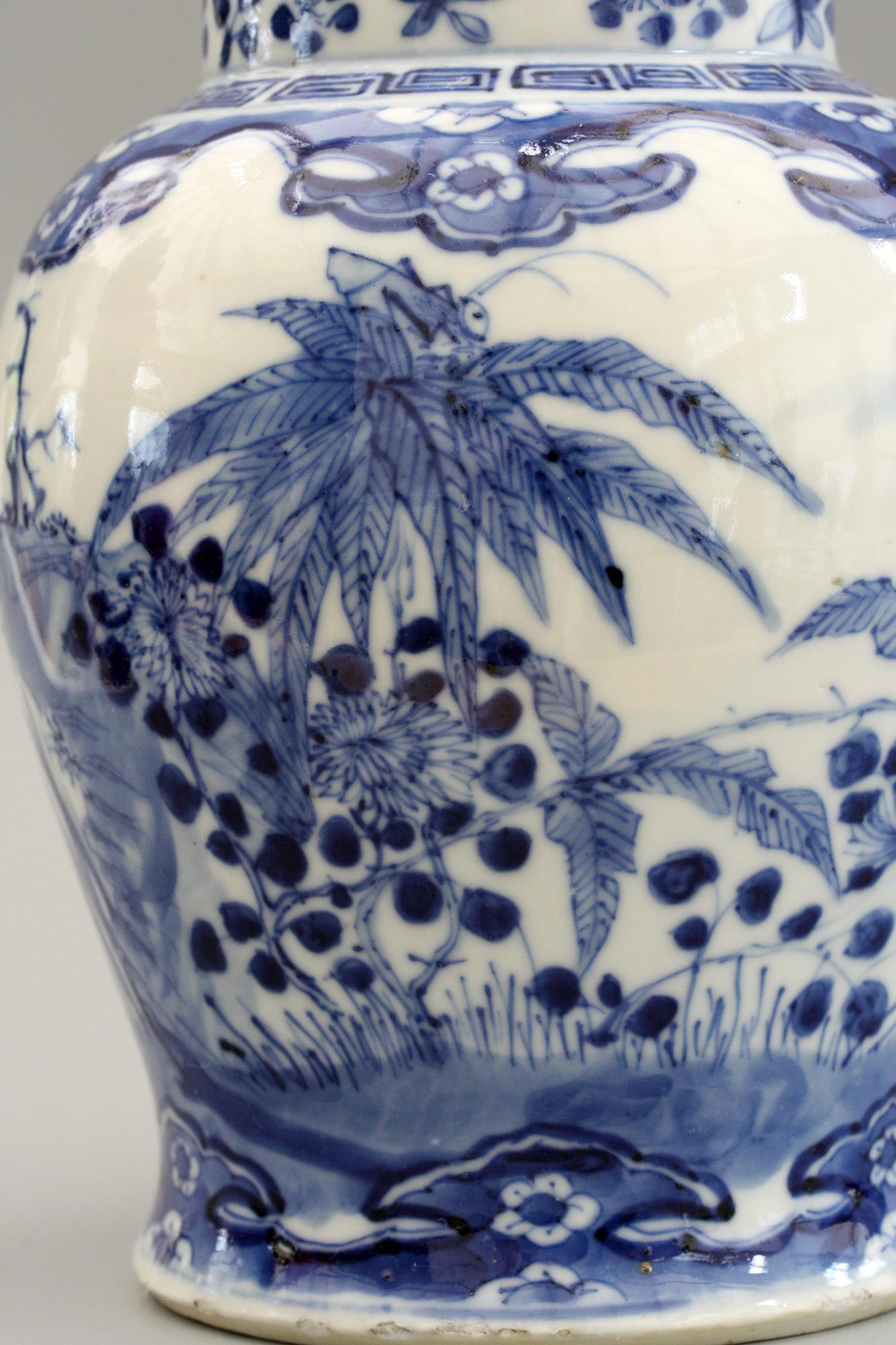 19th Century Chinese Qing Kangxi Mark Blue & White Insects & Landscape Porcelain Lidded Jar