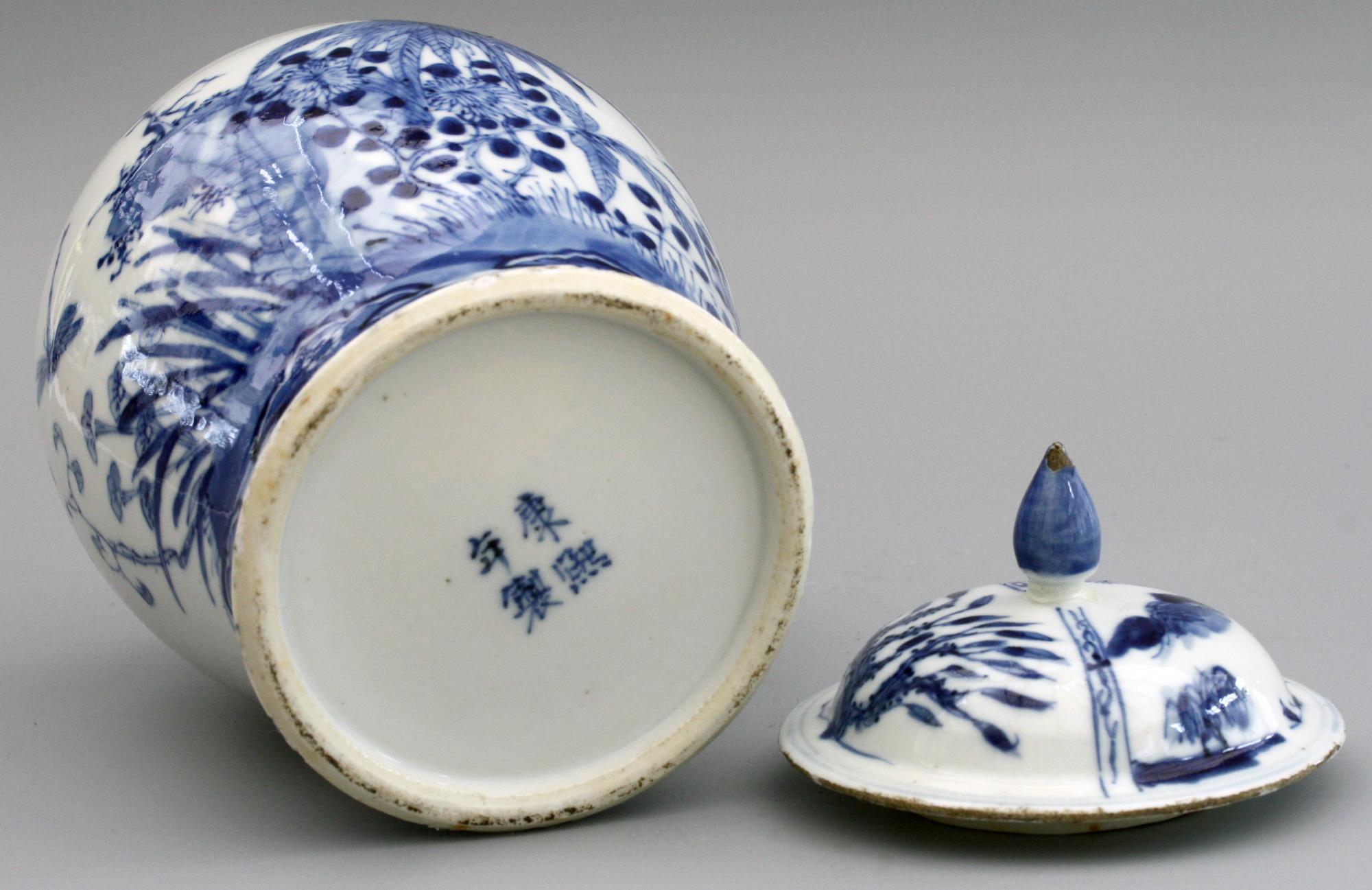 Chinese Qing Kangxi Mark Blue & White Insects & Landscape Porcelain Lidded Jar 1