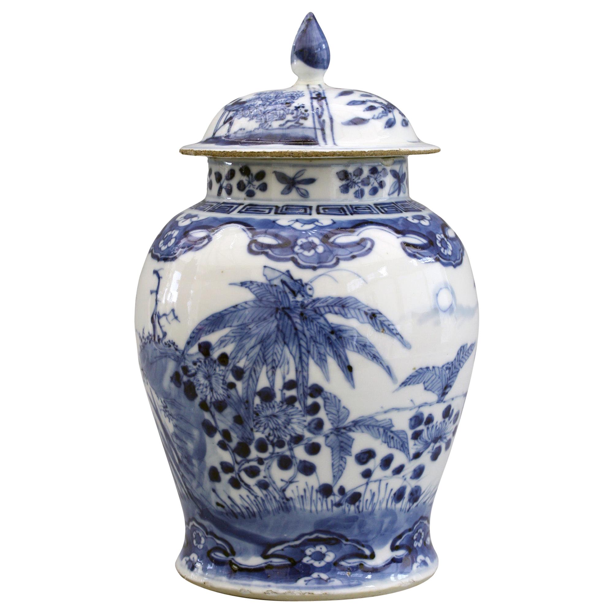 Chinese Qing Kangxi Mark Blue & White Insects & Landscape Porcelain Lidded Jar